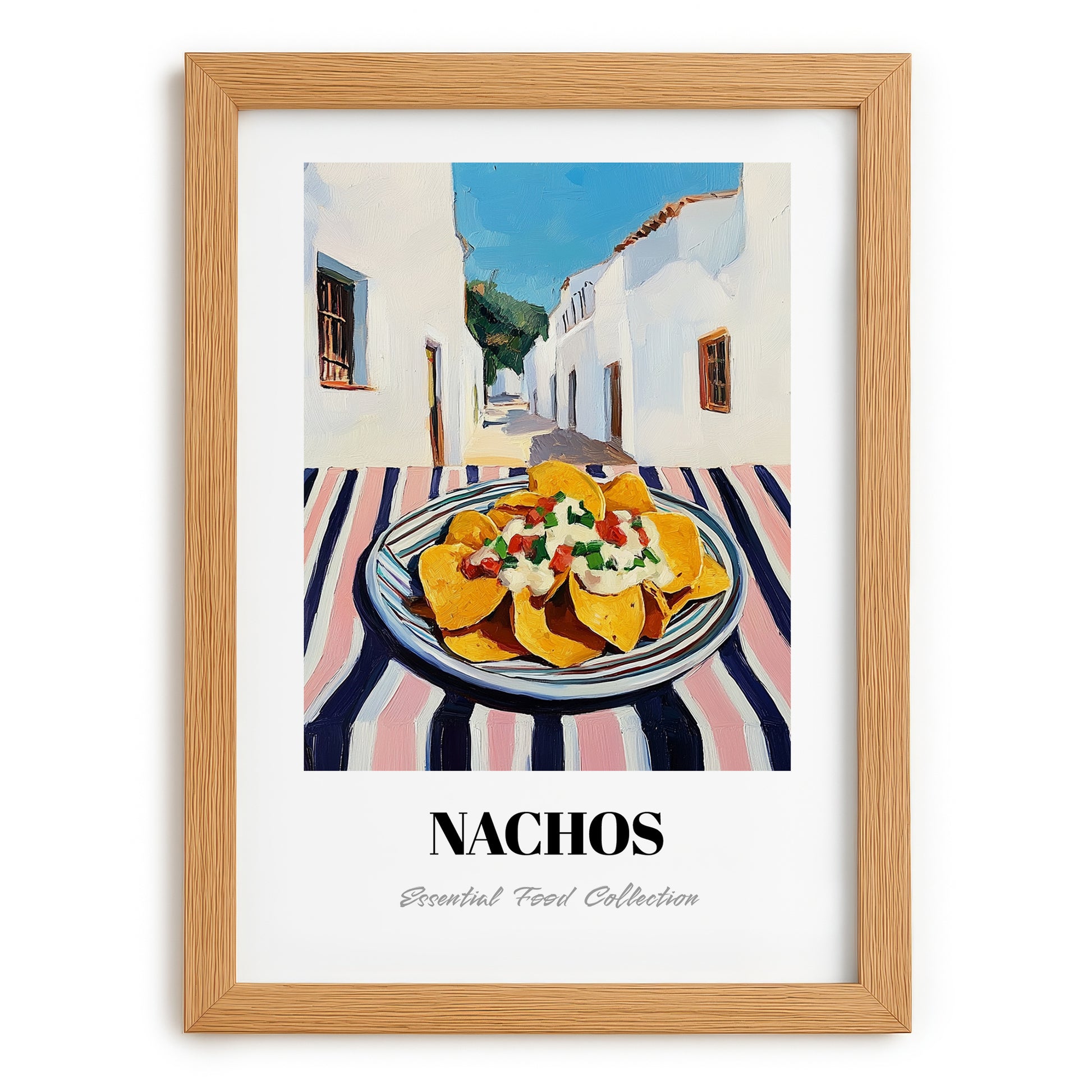 Nachos – White village Café on the Corner, Mexican Cheese Illustration, set in oak frame