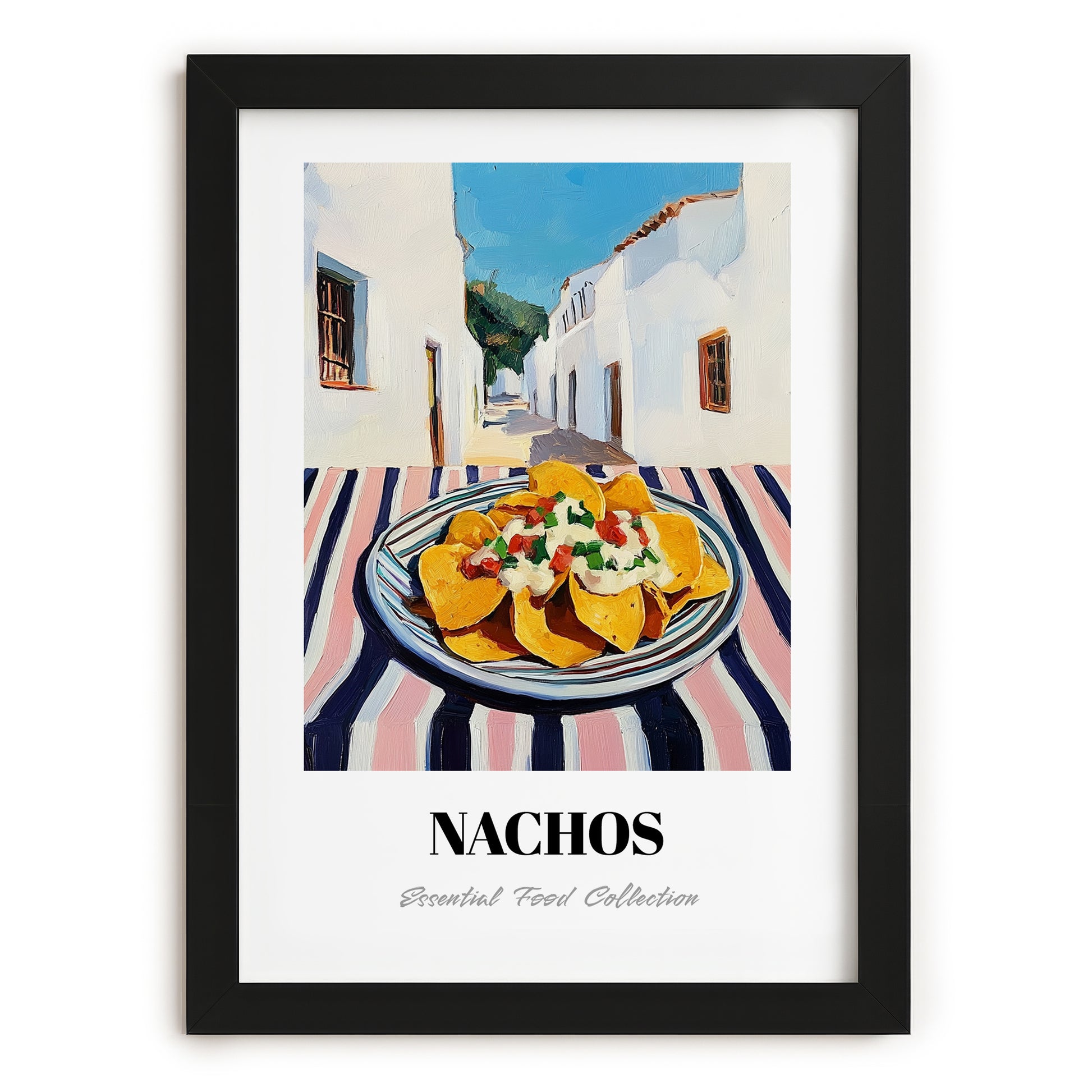 Nachos – White village Café on the Corner, Mexican Cheese Illustration, in sleek black frame