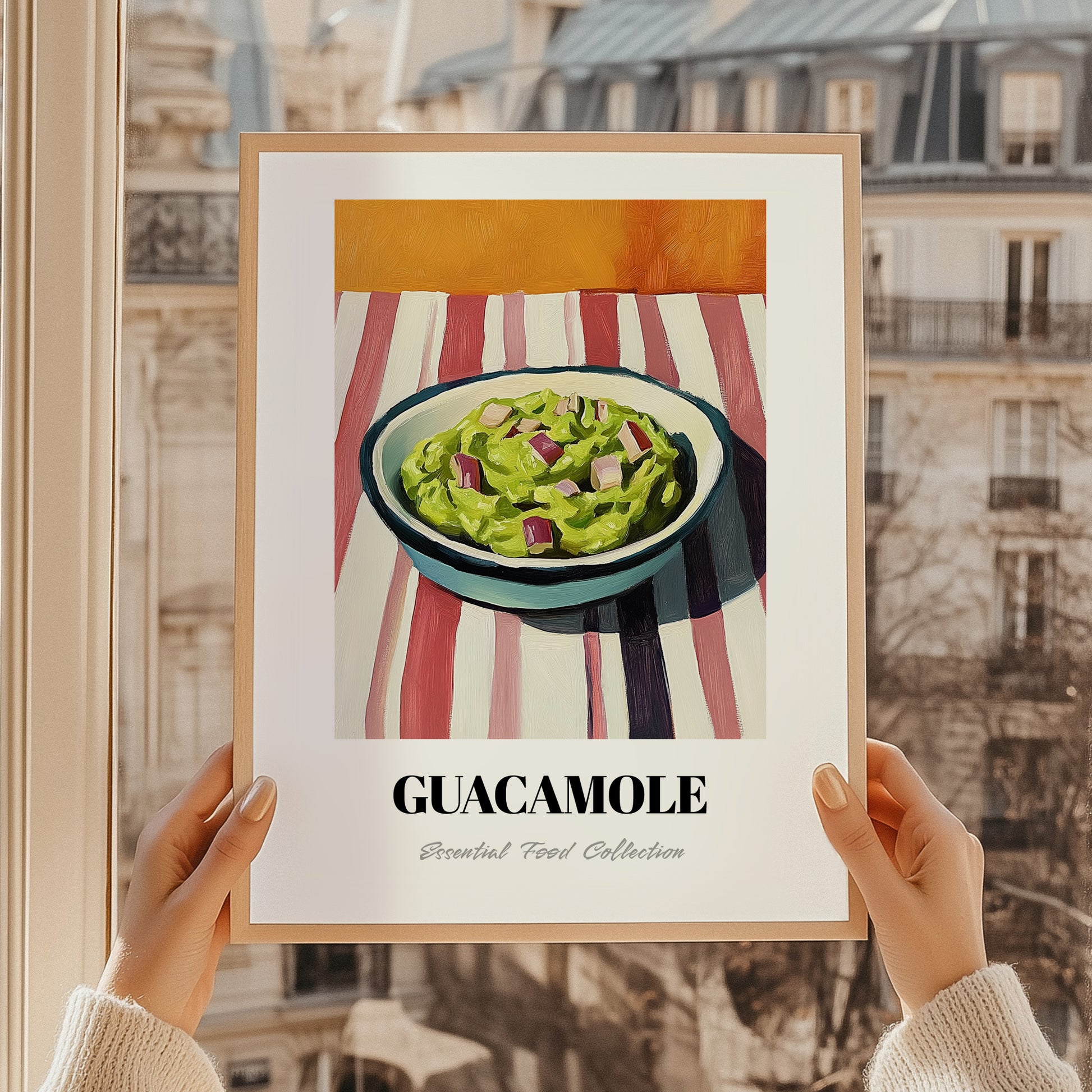 Guacamole – on Striped Tablecloth, Mexican Food Still Life, styled in a charming Paris street view
