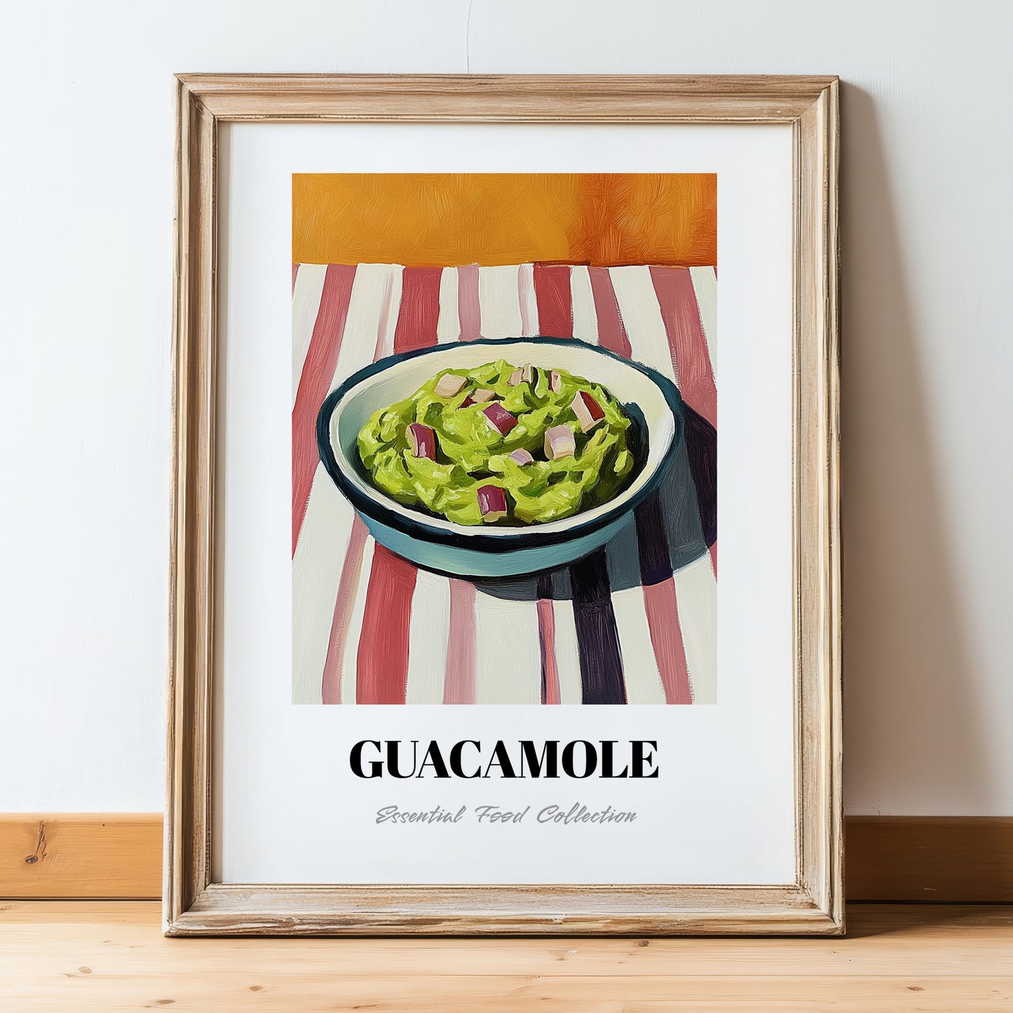 Guacamole – on Striped Tablecloth, Mexican Food Still Life, in wooden frame leaning on the floor