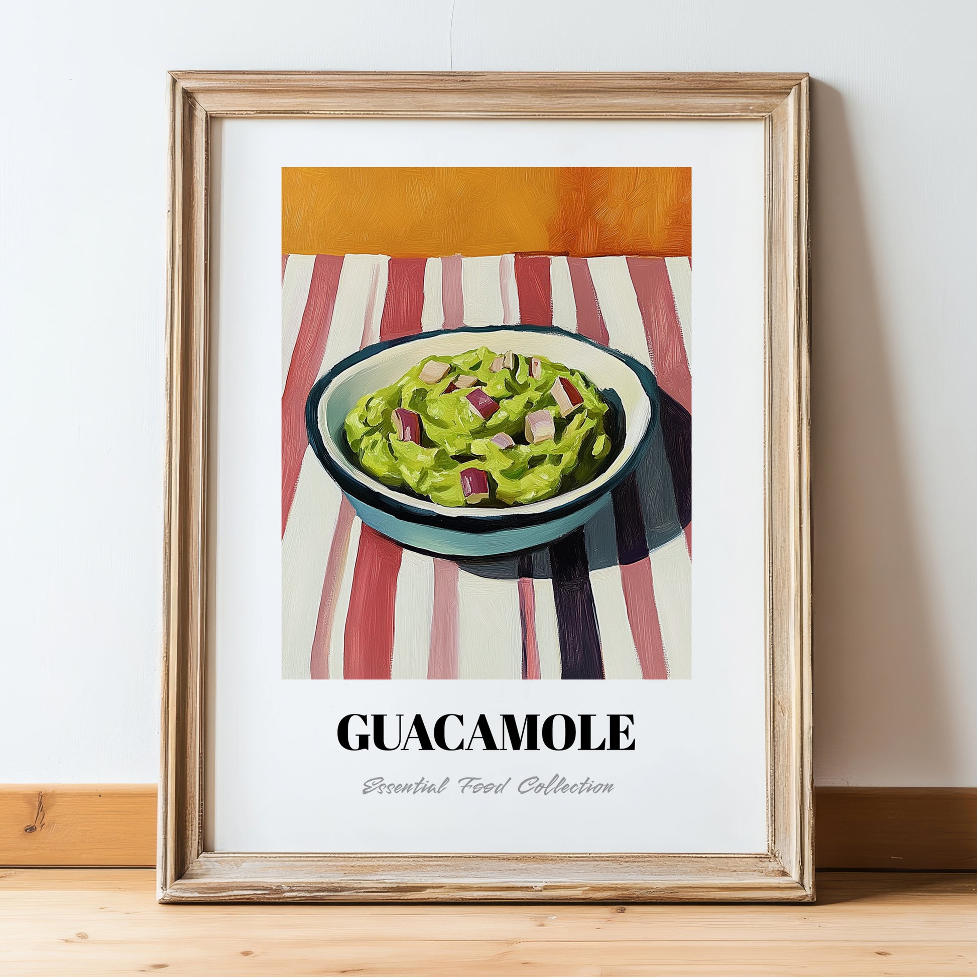 Guacamole – on Striped Tablecloth, Mexican Food Still Life, in wooden frame leaning on the floor
