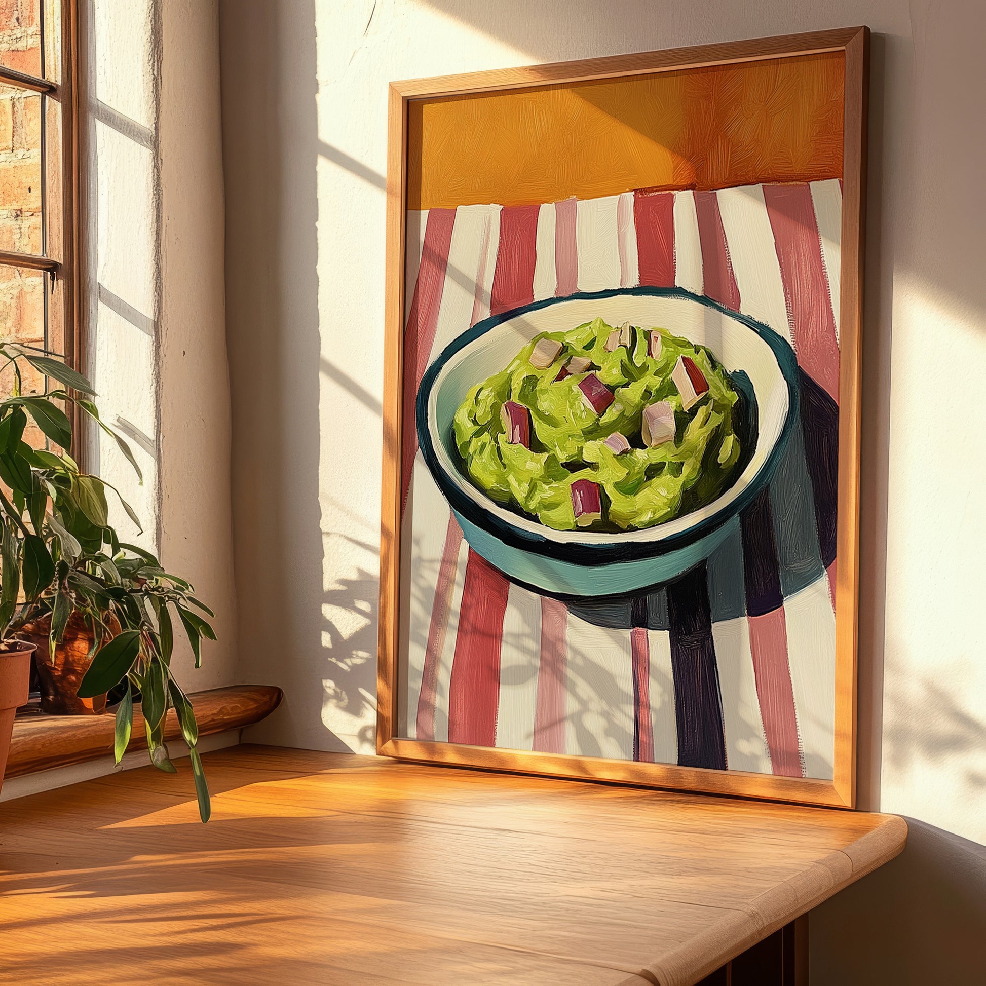 Guacamole – on Striped Tablecloth, Mexican Food Still Life, clean layout with no caption
