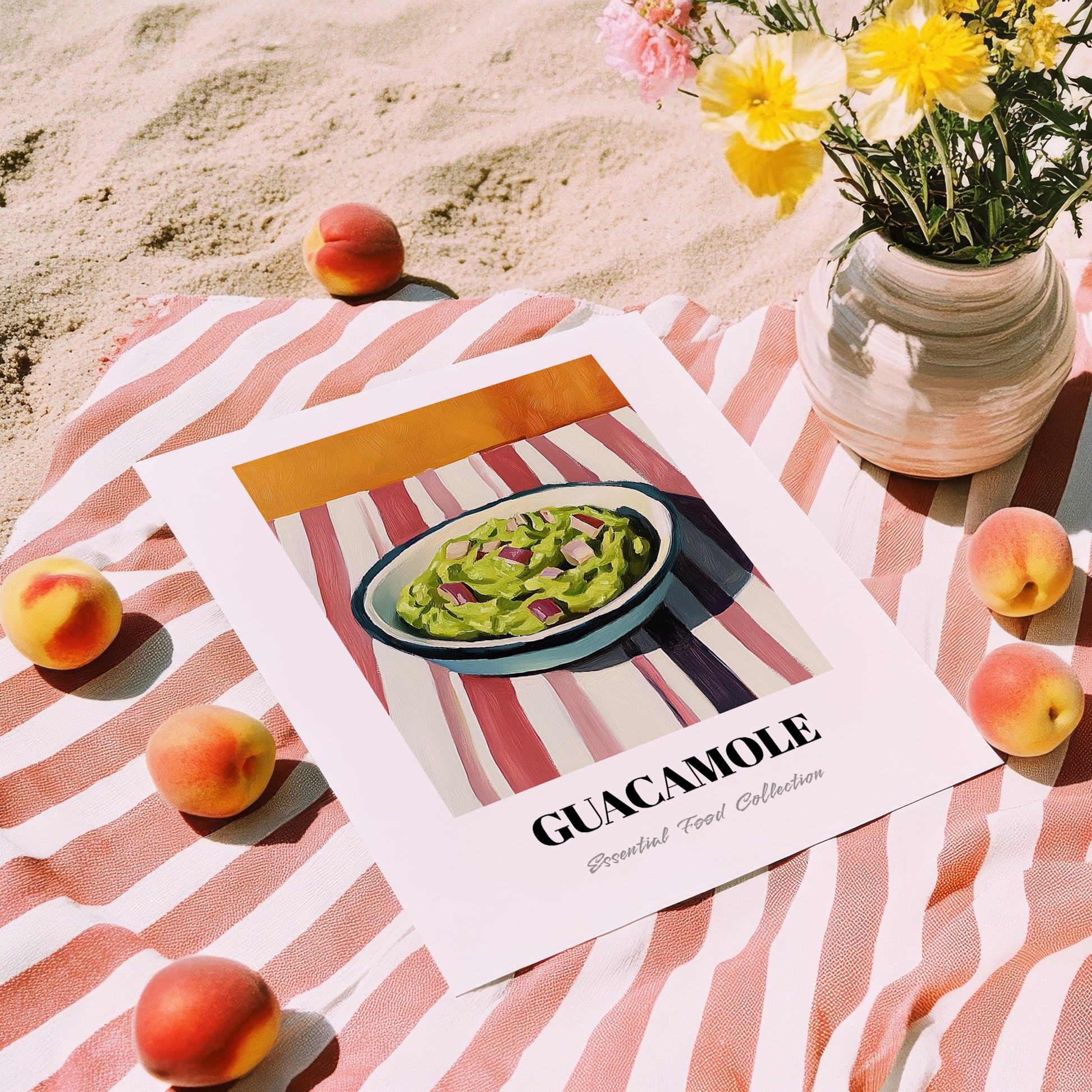 Guacamole – on Striped Tablecloth, Mexican Food Still Life, unframed on coastal sand