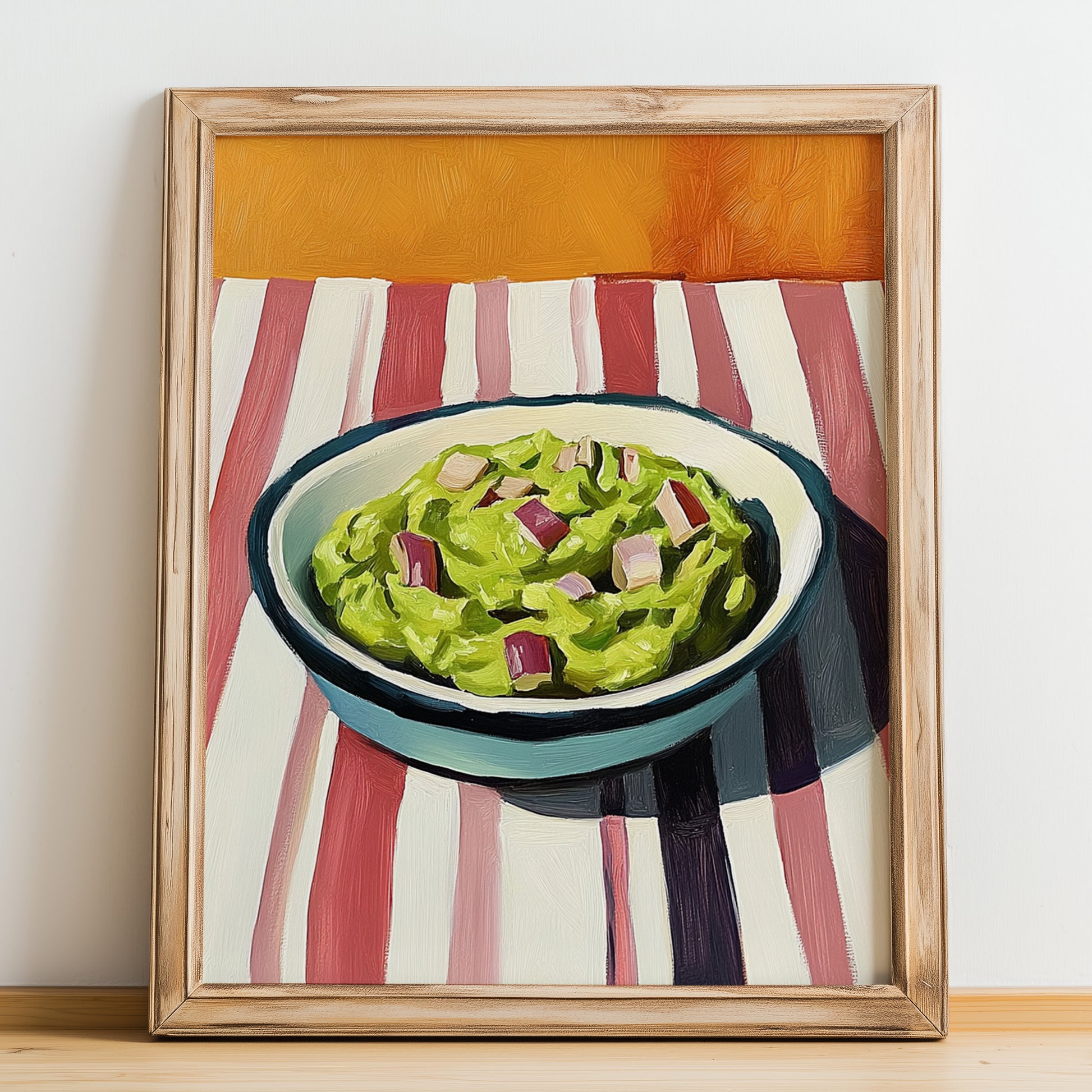 Guacamole – on Striped Tablecloth, Mexican Food Still Life, no-text version framed in wood