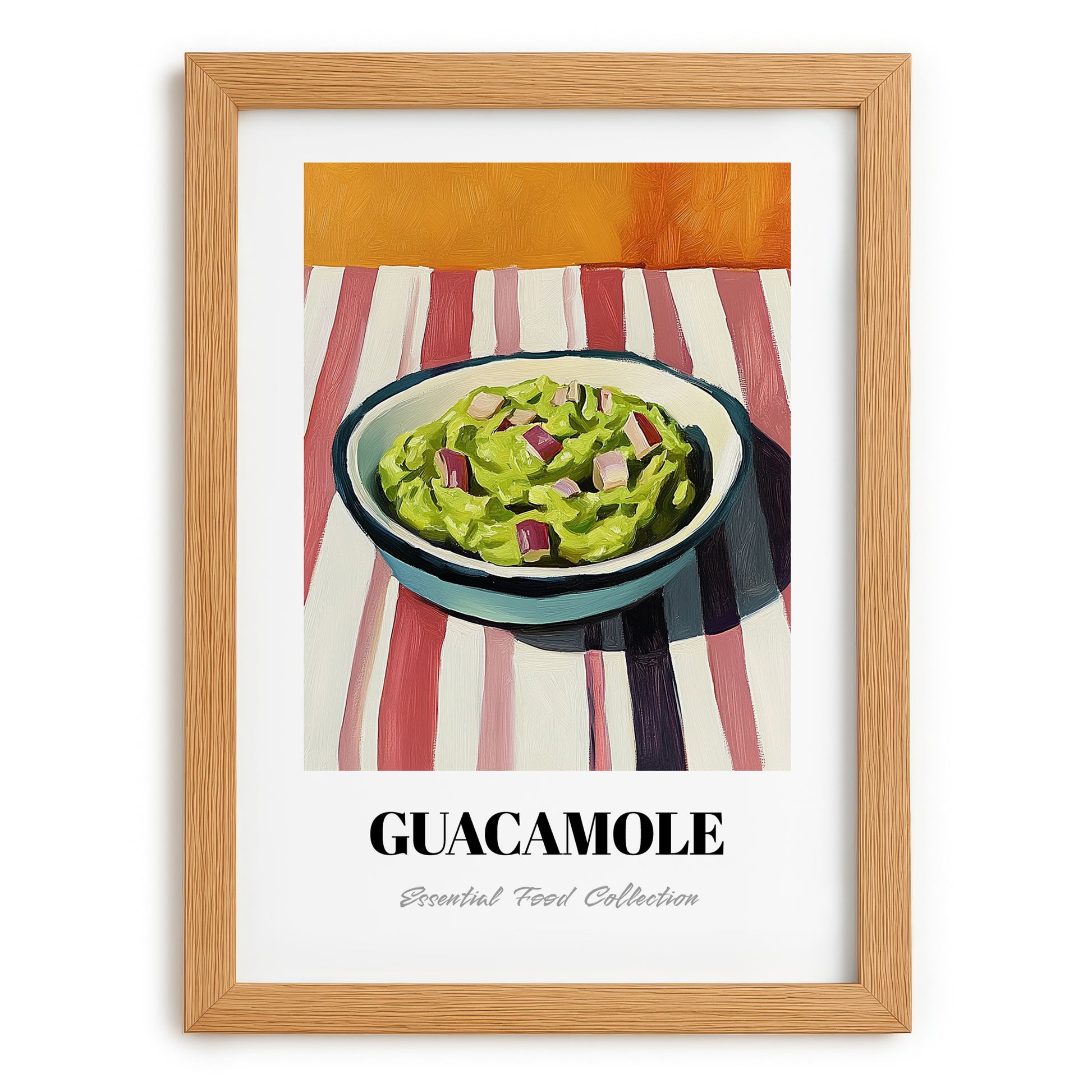 Guacamole – on Striped Tablecloth, Mexican Food Still Life, set in oak frame