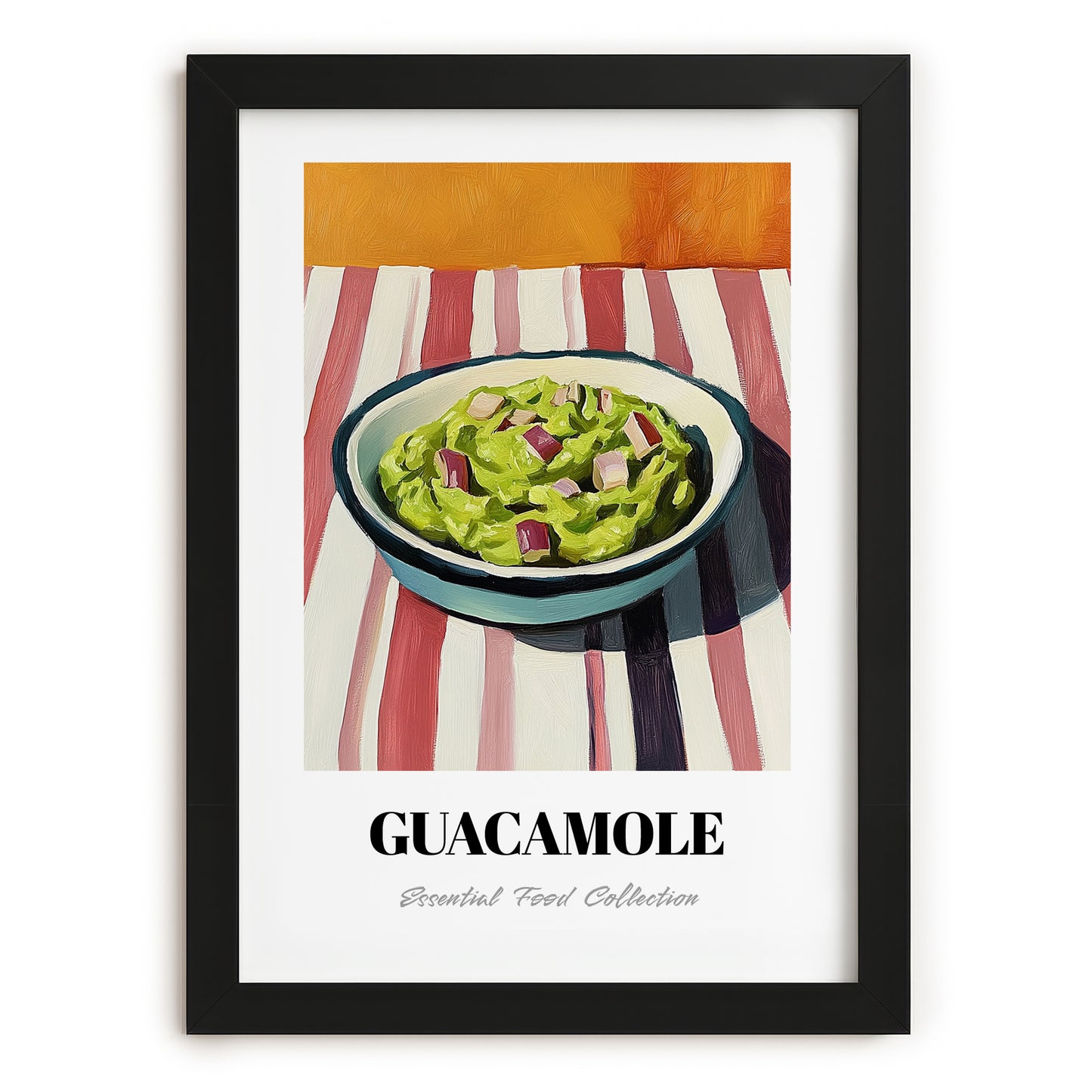 Guacamole – on Striped Tablecloth, Mexican Food Still Life, in sleek black frame