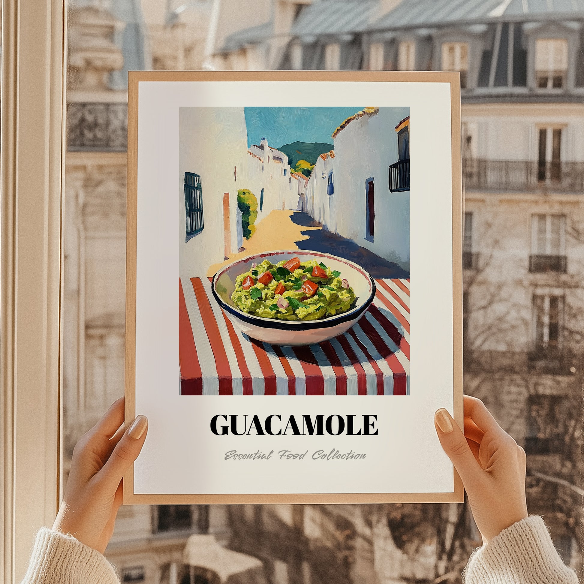 Guacamole – White village Outdoor Café Scene, Mexican Food Painting, styled in a charming Paris street view