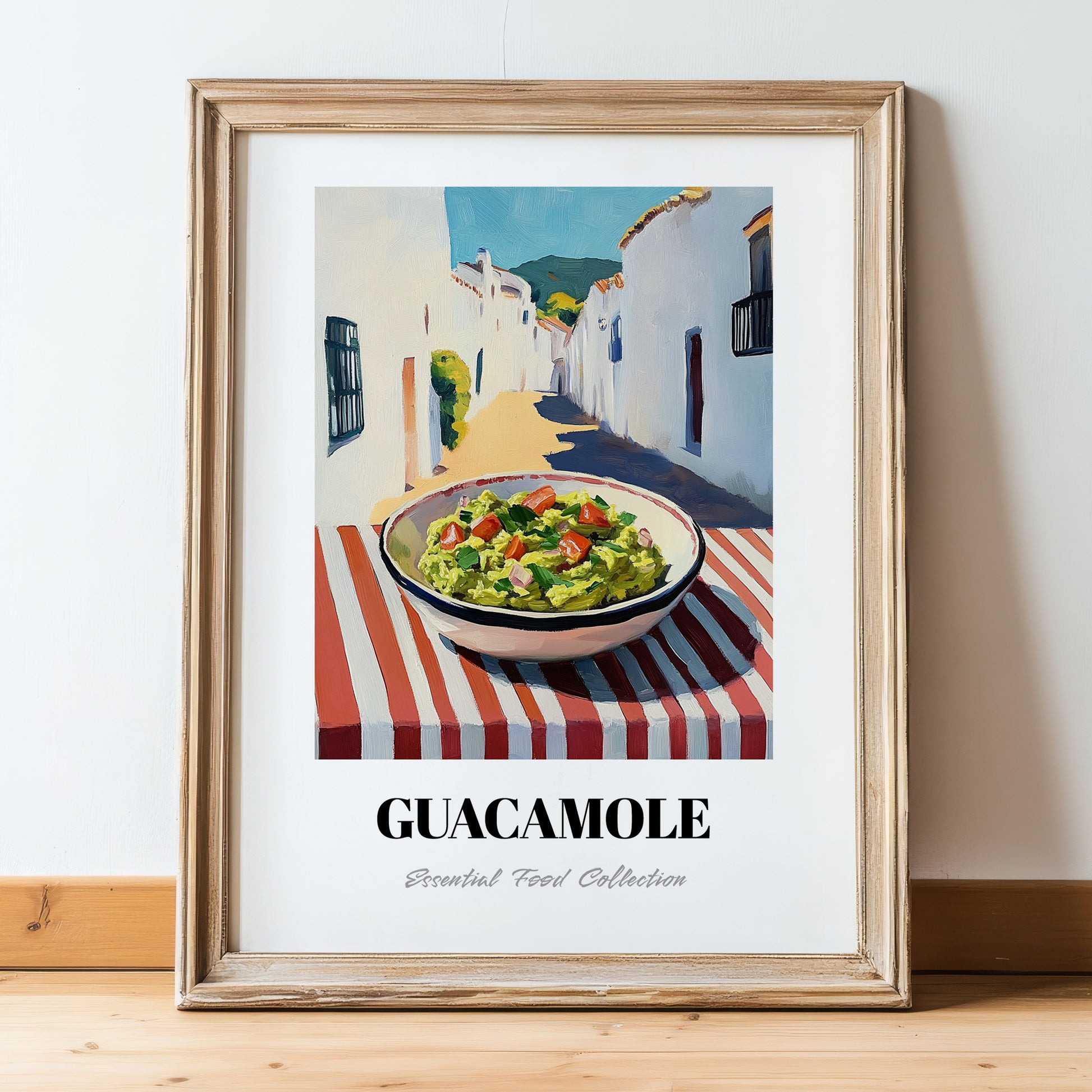 Guacamole – White village Outdoor Café Scene, Mexican Food Painting, in wooden frame leaning on the floor