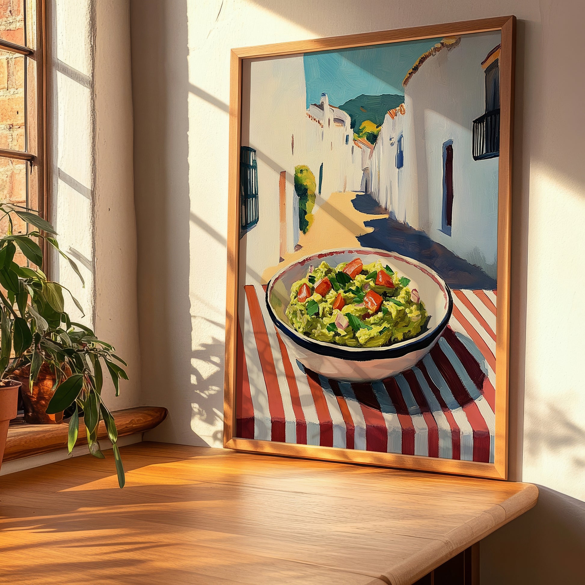 Guacamole – White village Outdoor Café Scene, Mexican Food Painting, clean layout with no caption