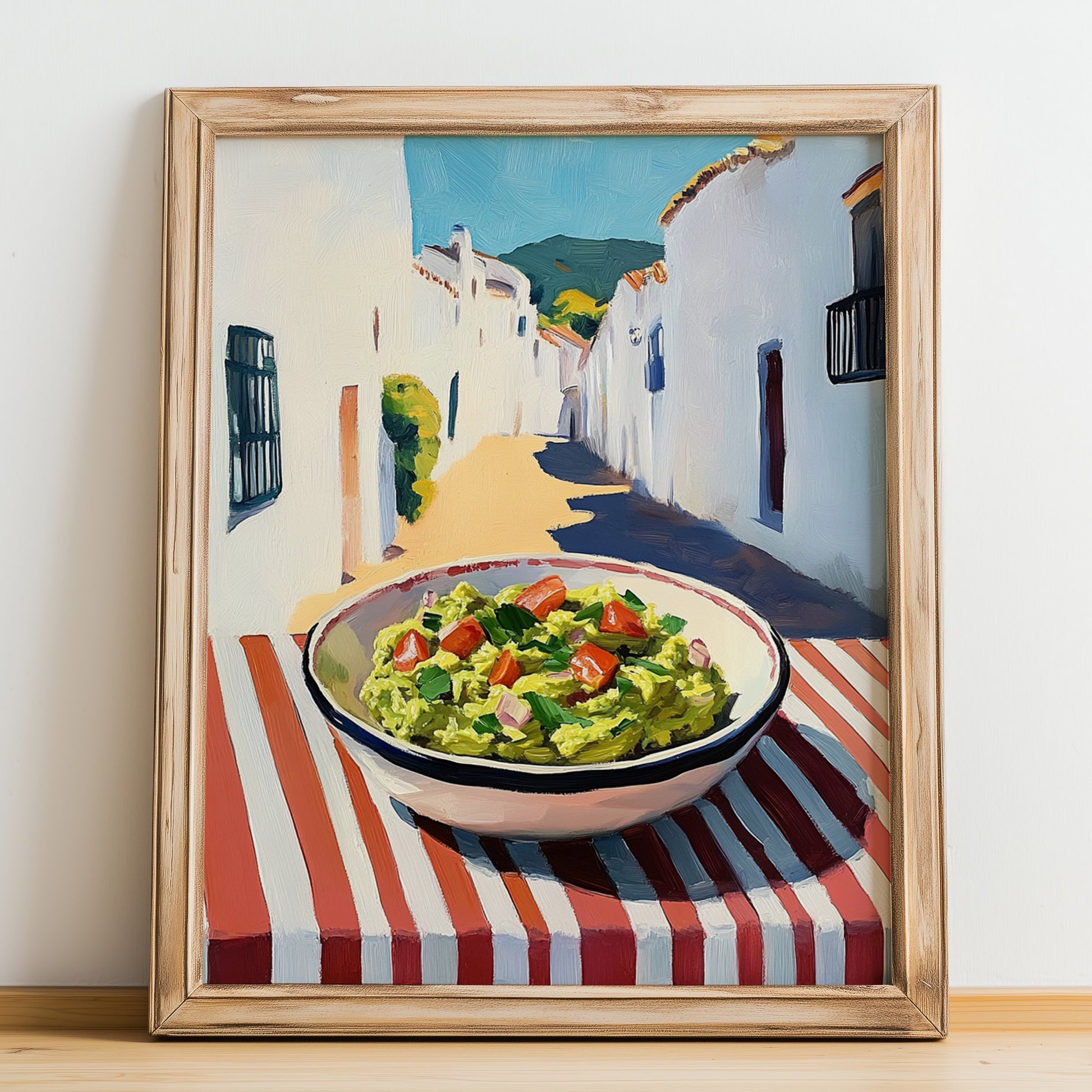 Guacamole – White village Outdoor Café Scene, Mexican Food Painting, no-text version framed in wood