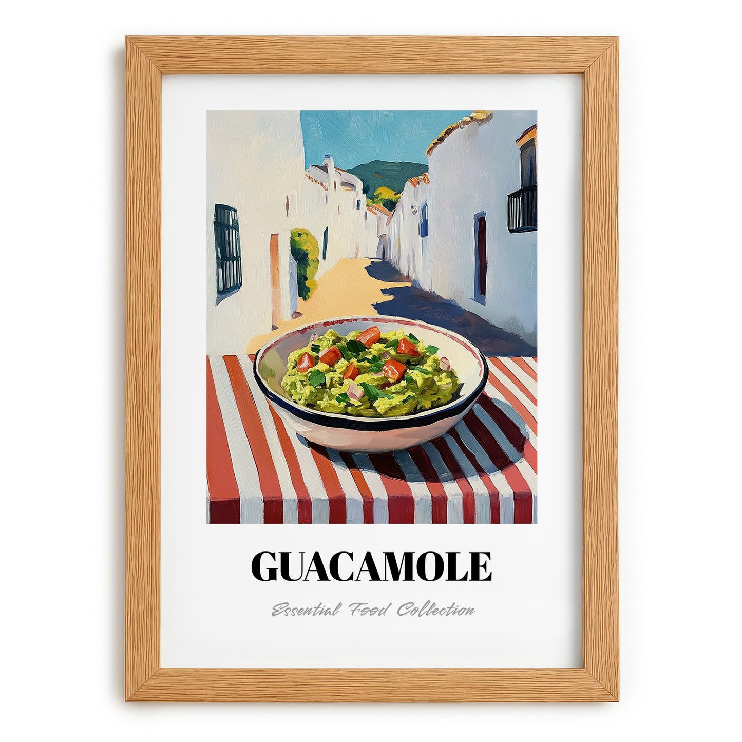 Guacamole – White village Outdoor Café Scene, Mexican Food Painting, set in oak frame