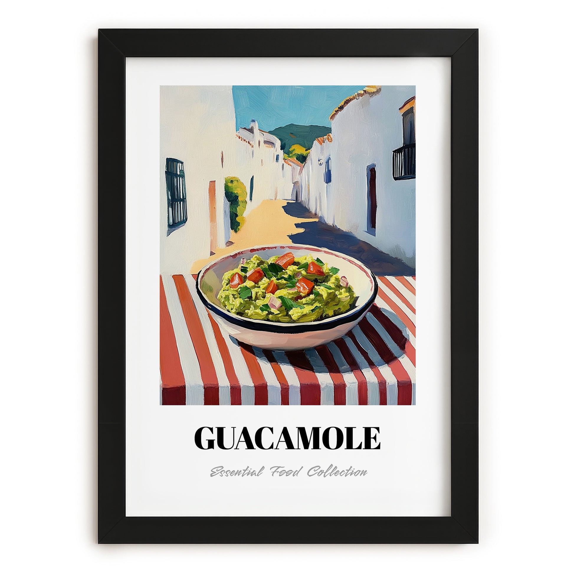Guacamole – White village Outdoor Café Scene, Mexican Food Painting, in sleek black frame