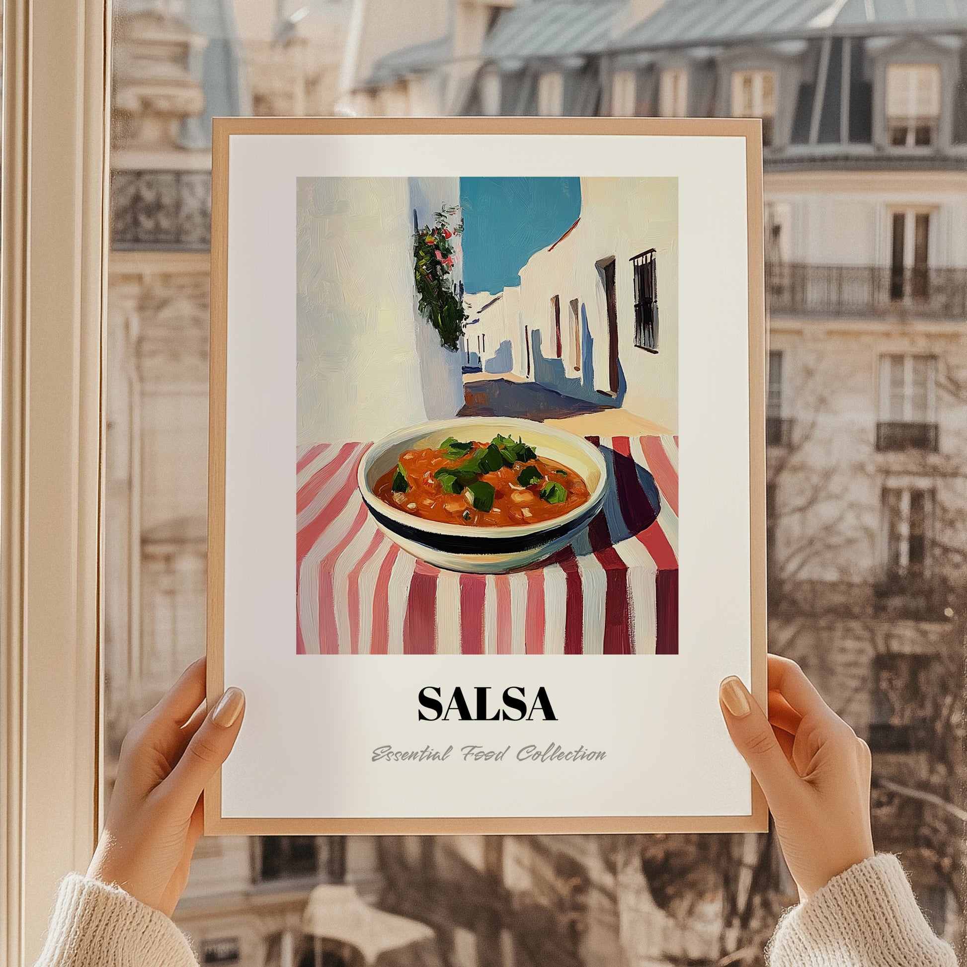 Salsa – White village Urban Café Scene, Mexican Food Illustration, styled in a charming Paris street view