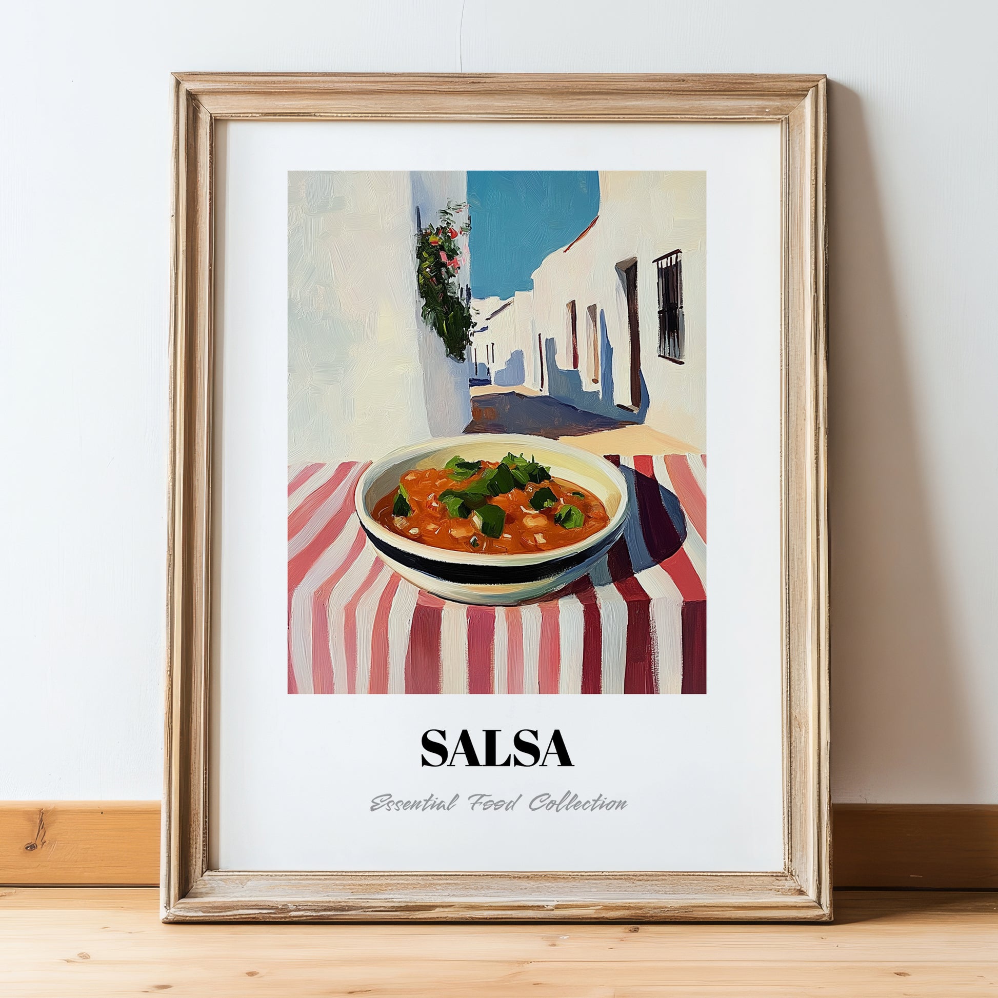 Salsa – White village Urban Café Scene, Mexican Food Illustration, in wooden frame leaning on the floor