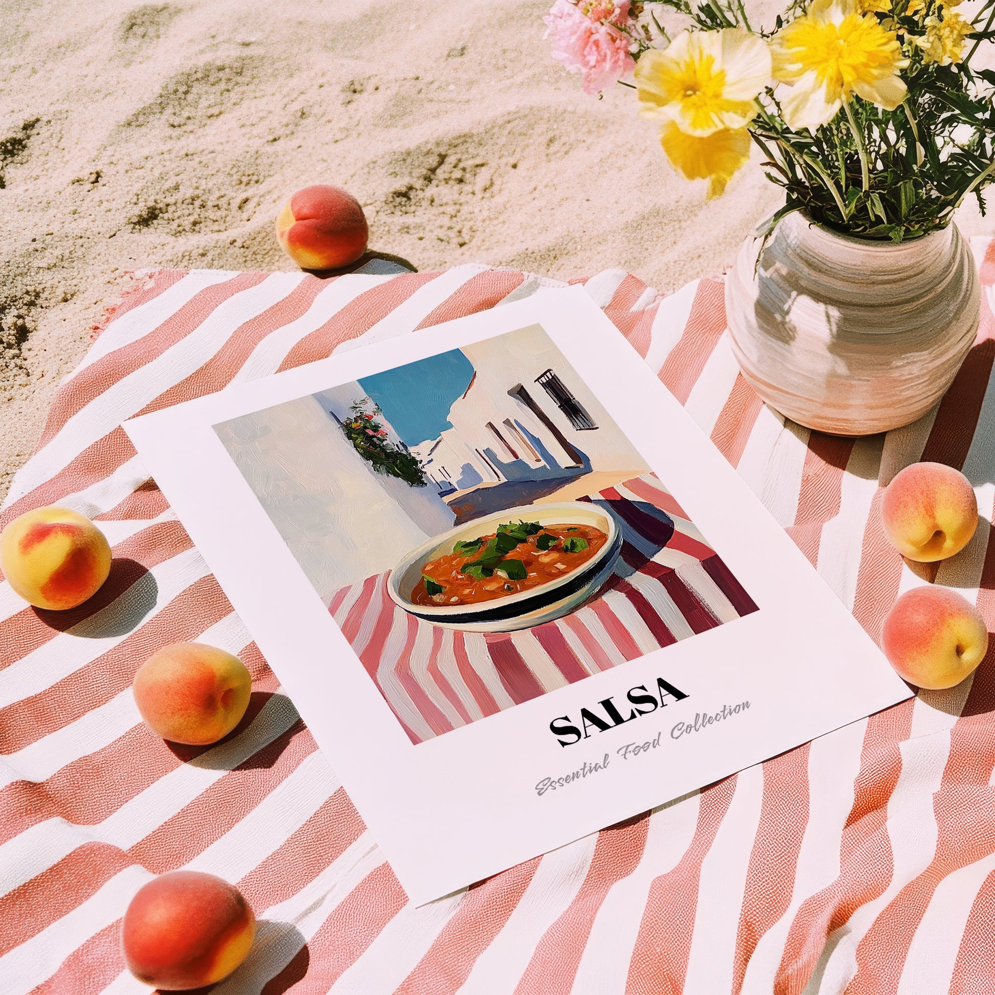 Salsa – White village Urban Café Scene, Mexican Food Illustration, unframed on coastal sand