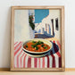 Salsa – White village Urban Café Scene, Mexican Food Illustration, no-text version framed in wood
