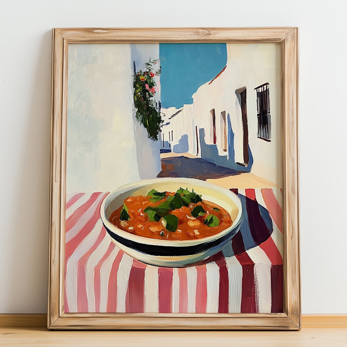 Salsa – White village Urban Café Scene, Mexican Food Illustration, no-text version framed in wood