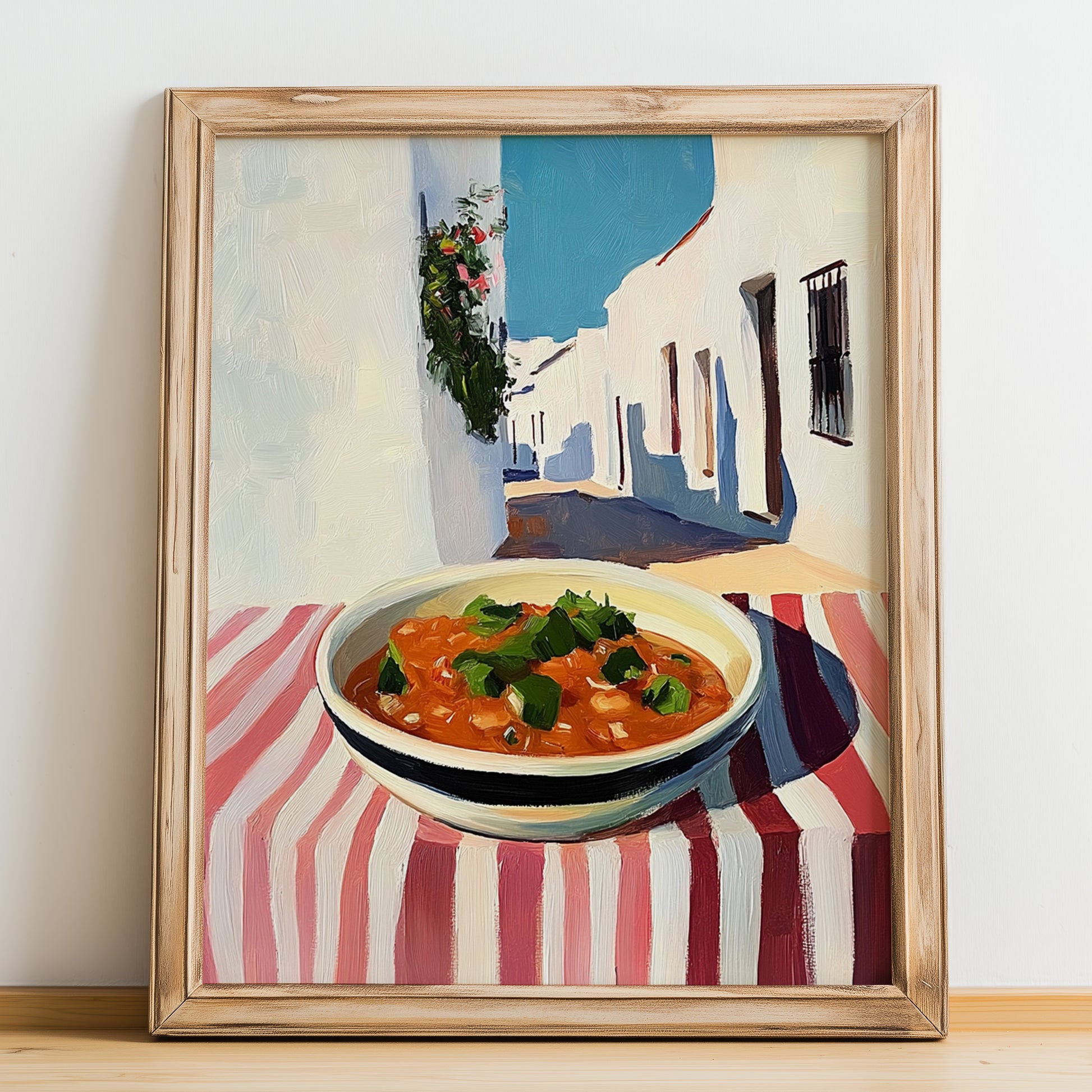 Salsa – White village Urban Café Scene, Mexican Food Illustration, no-text version framed in wood