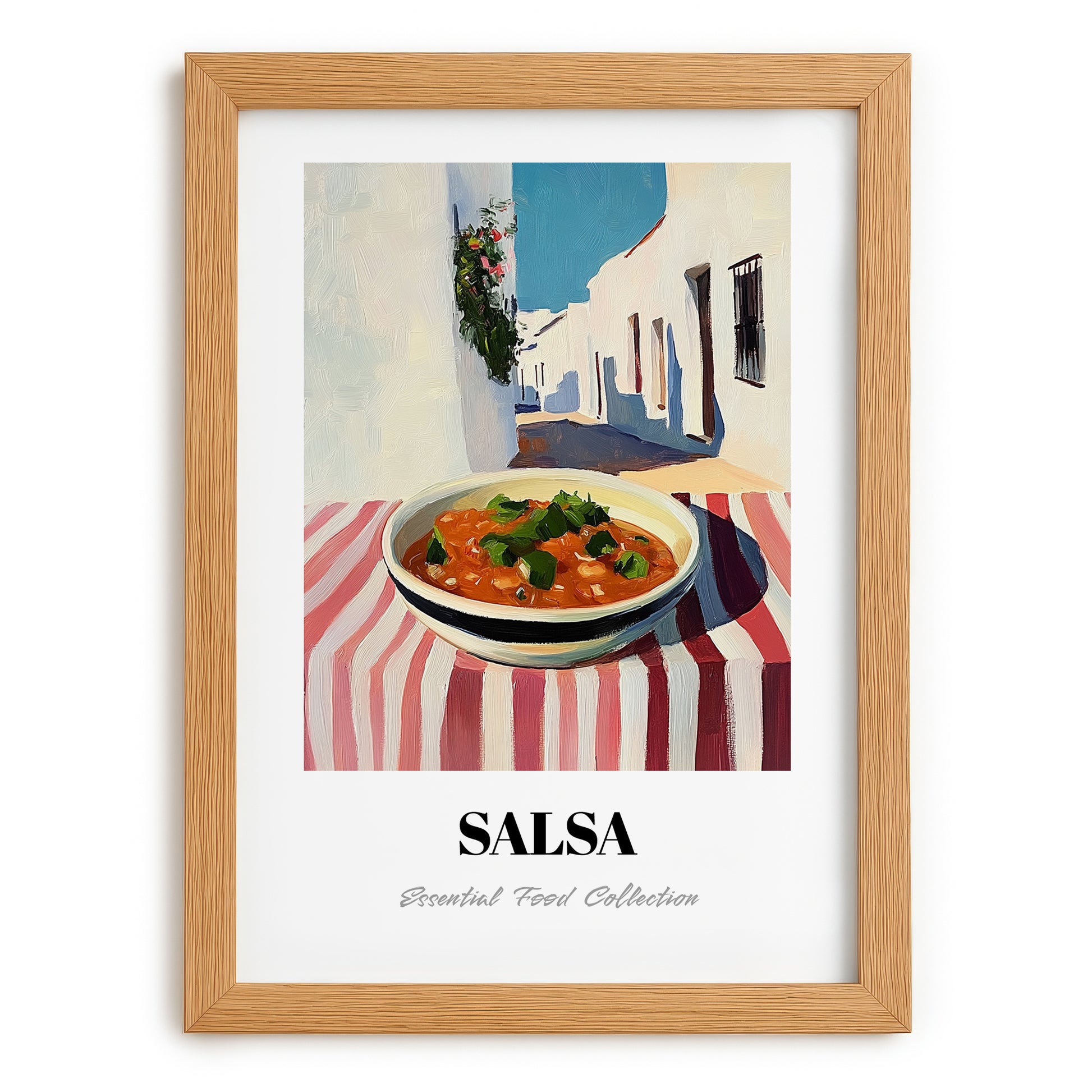 Salsa – White village Urban Café Scene, Mexican Food Illustration, set in oak frame