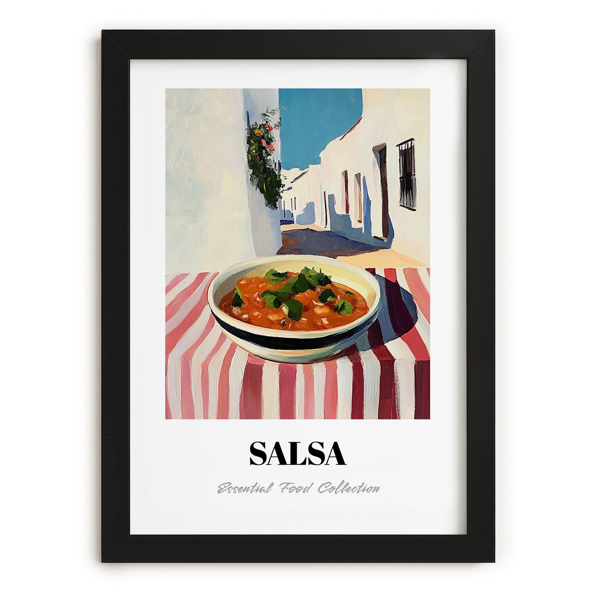 Salsa – White village Urban Café Scene, Mexican Food Illustration, in sleek black frame