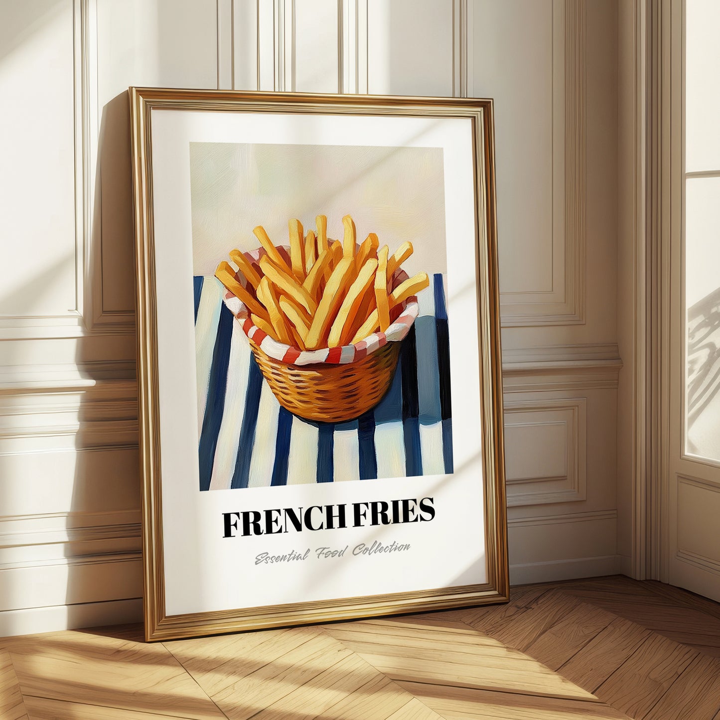French Fries – on Striped Tablecloth, American Food Painting