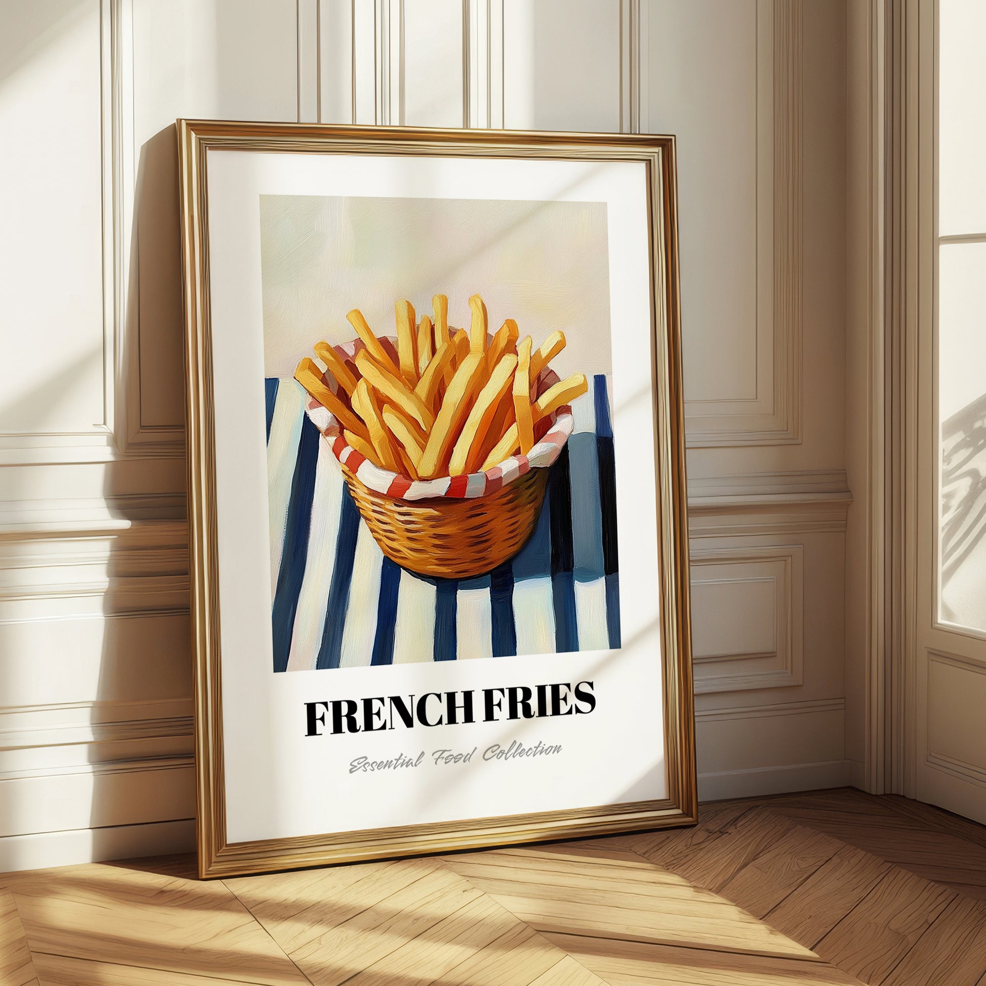 French Fries – on Striped Tablecloth, American Food Painting