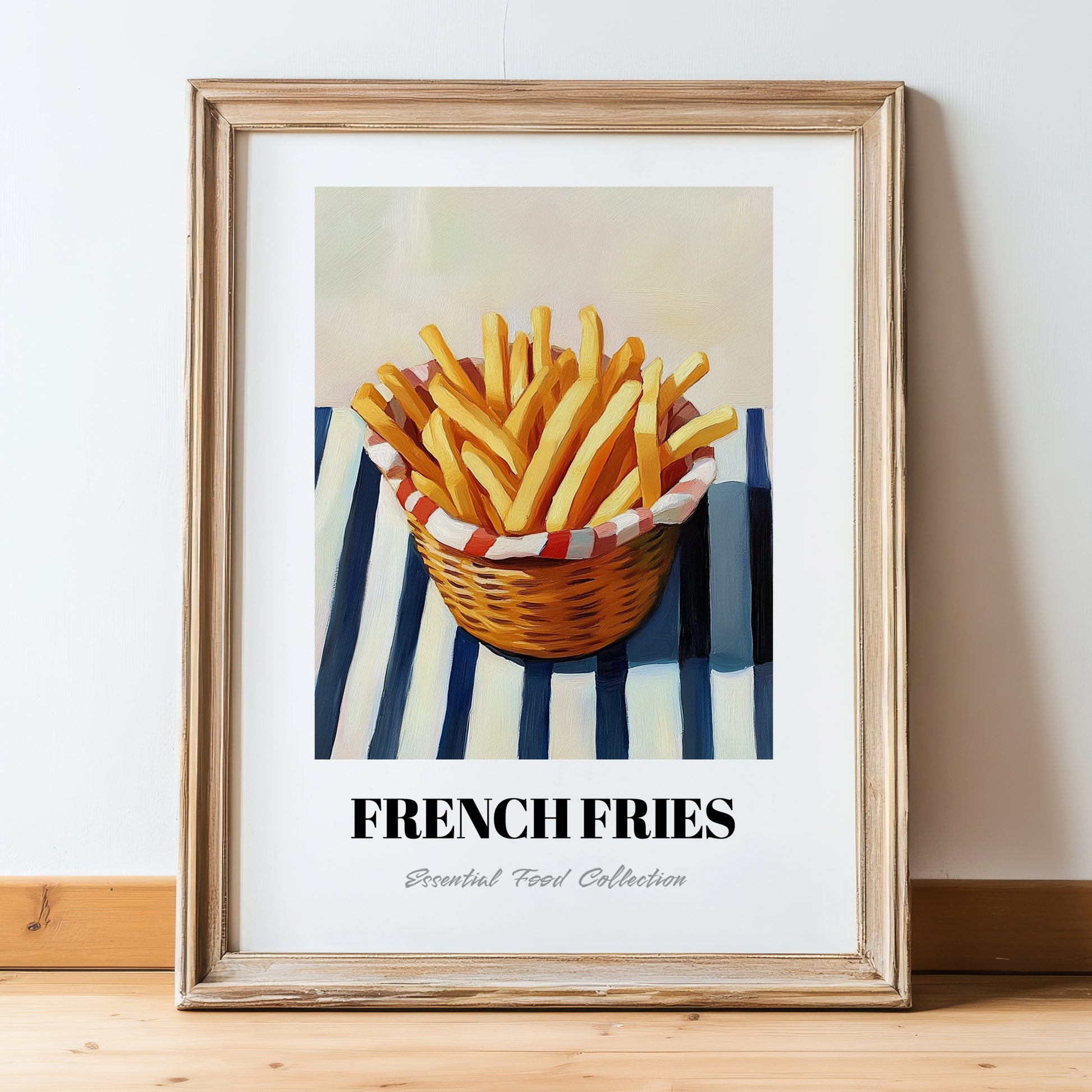French Fries – on Striped Tablecloth, American Food Painting, in wooden frame leaning on the floor