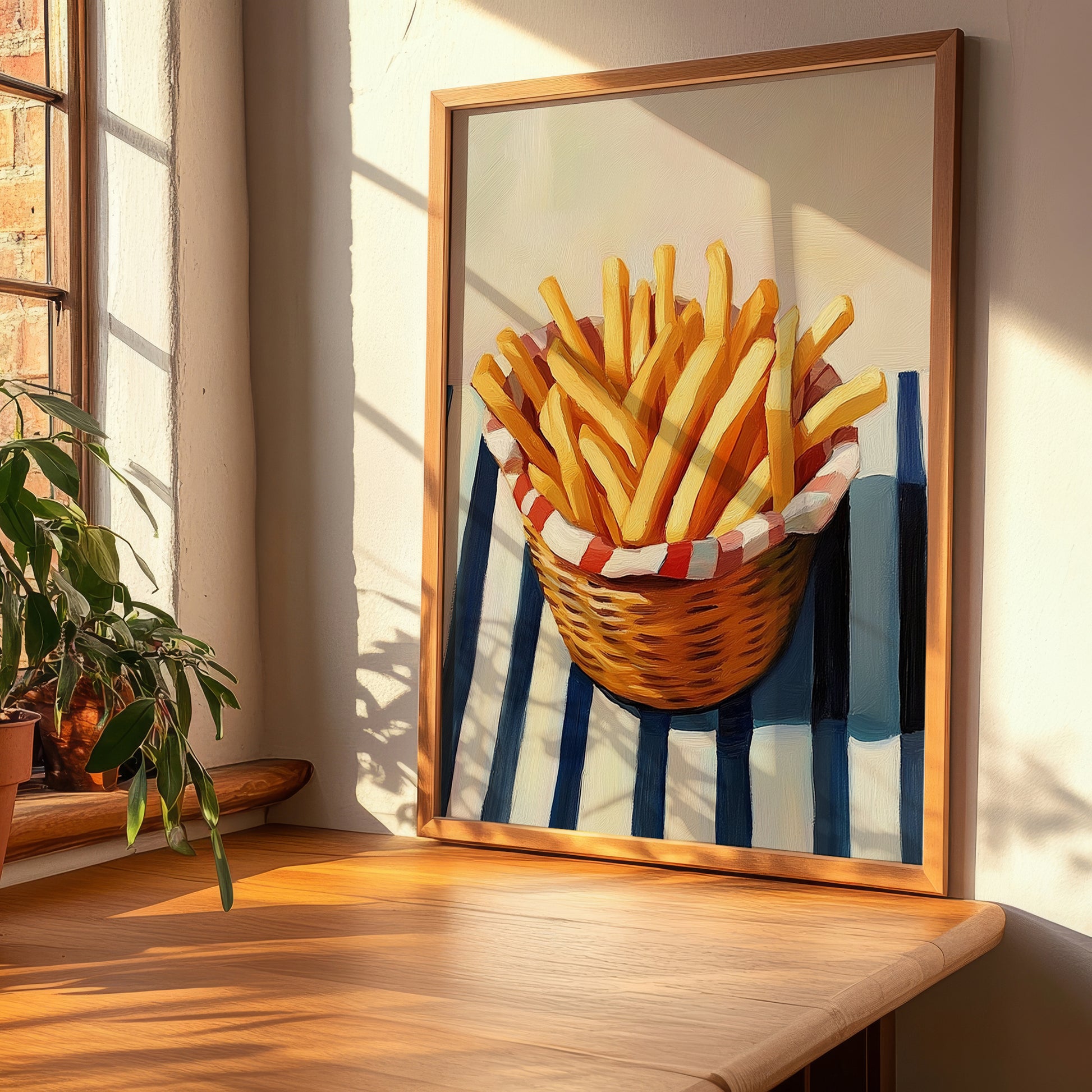 French Fries – on Striped Tablecloth, American Food Painting, clean layout with no caption