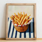 French Fries – on Striped Tablecloth, American Food Painting, no-text version framed in wood