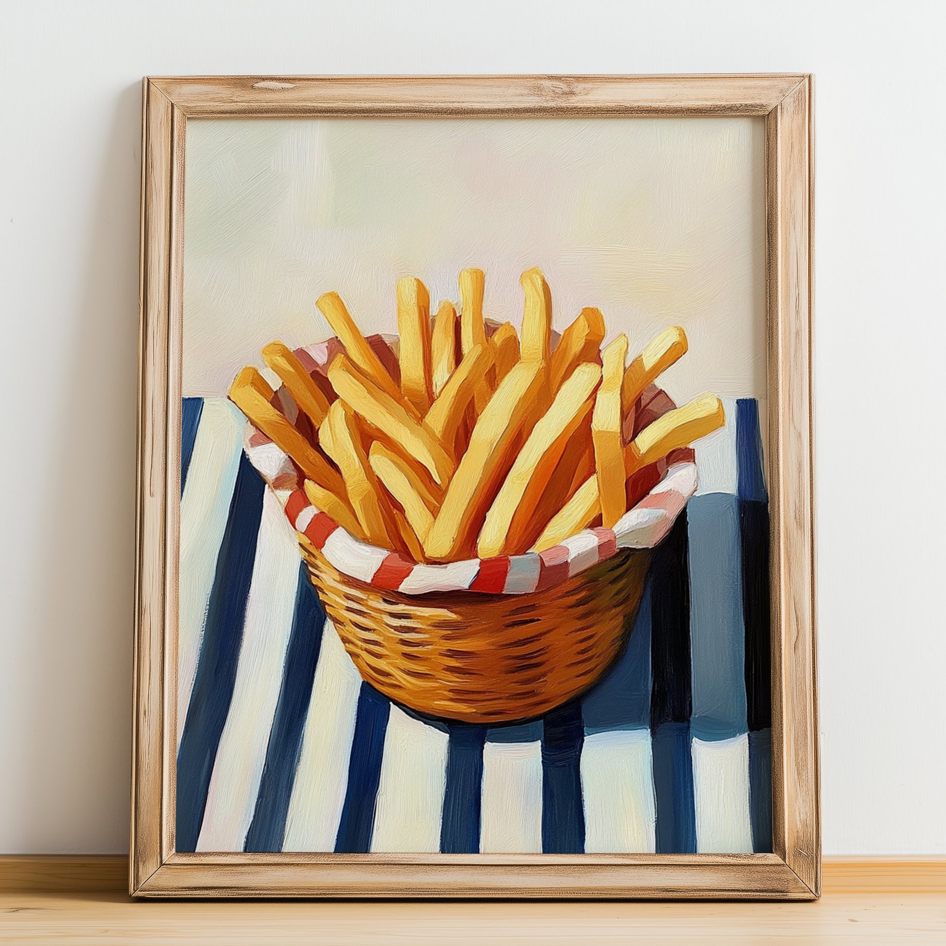 French Fries – on Striped Tablecloth, American Food Painting, no-text version framed in wood