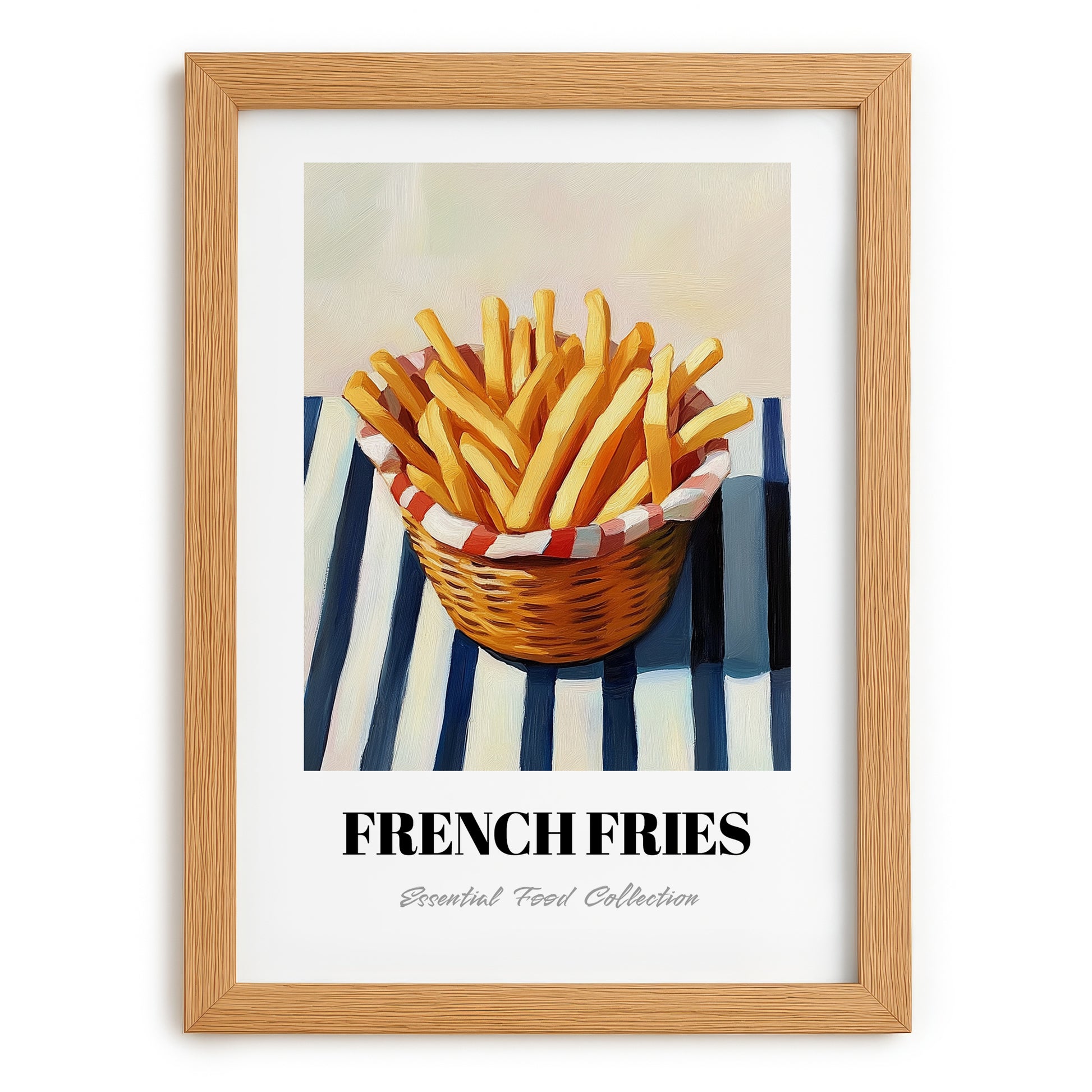 French Fries – on Striped Tablecloth, American Food Painting, set in oak frame