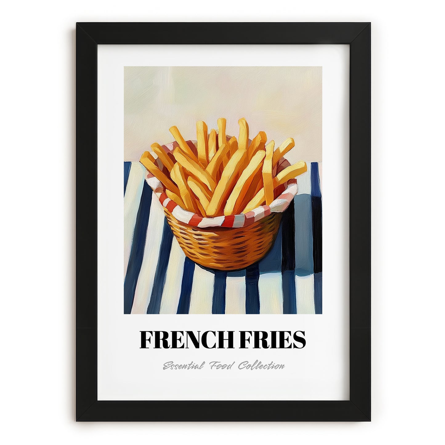 French Fries – on Striped Tablecloth, American Food Painting, in sleek black frame