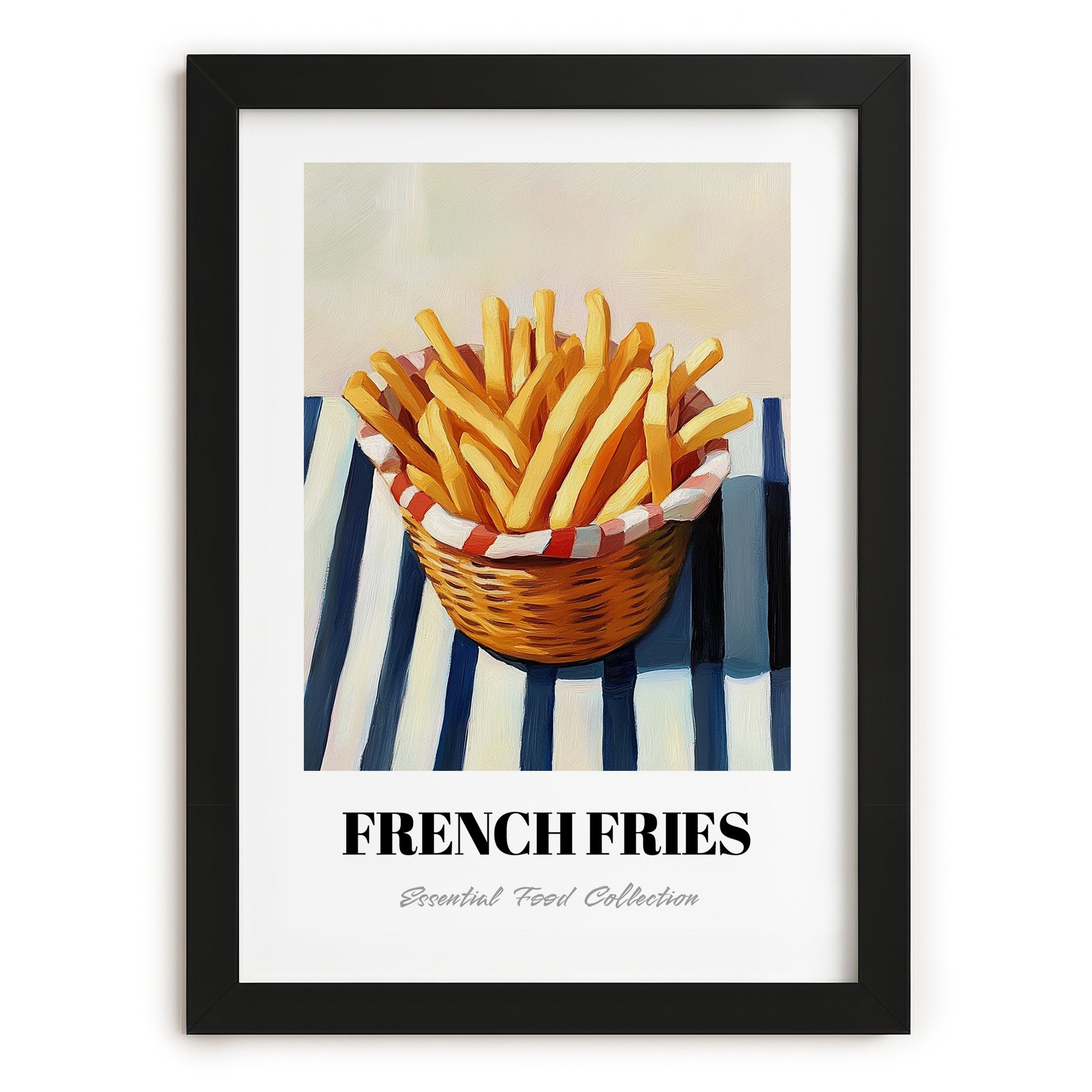 French Fries – on Striped Tablecloth, American Food Painting, in sleek black frame
