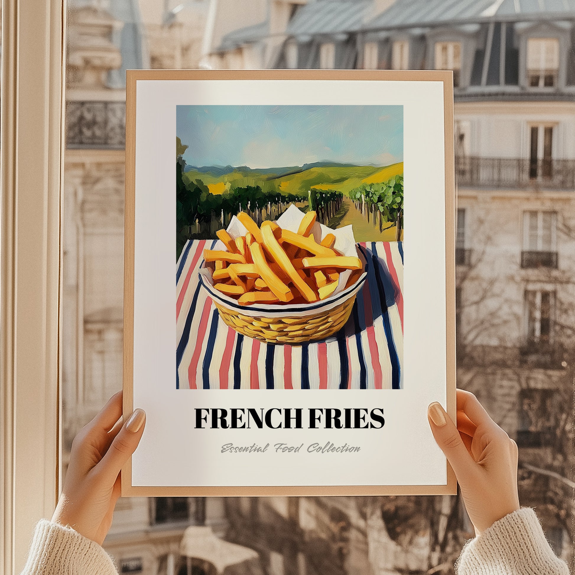 French Fries – Hillside Café View, American Food Still Life, styled in a charming Paris street view