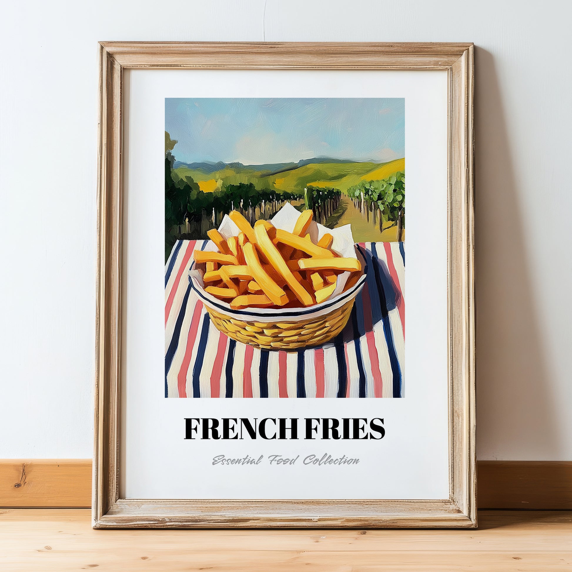 French Fries – Hillside Café View, American Food Still Life, in wooden frame leaning on the floor
