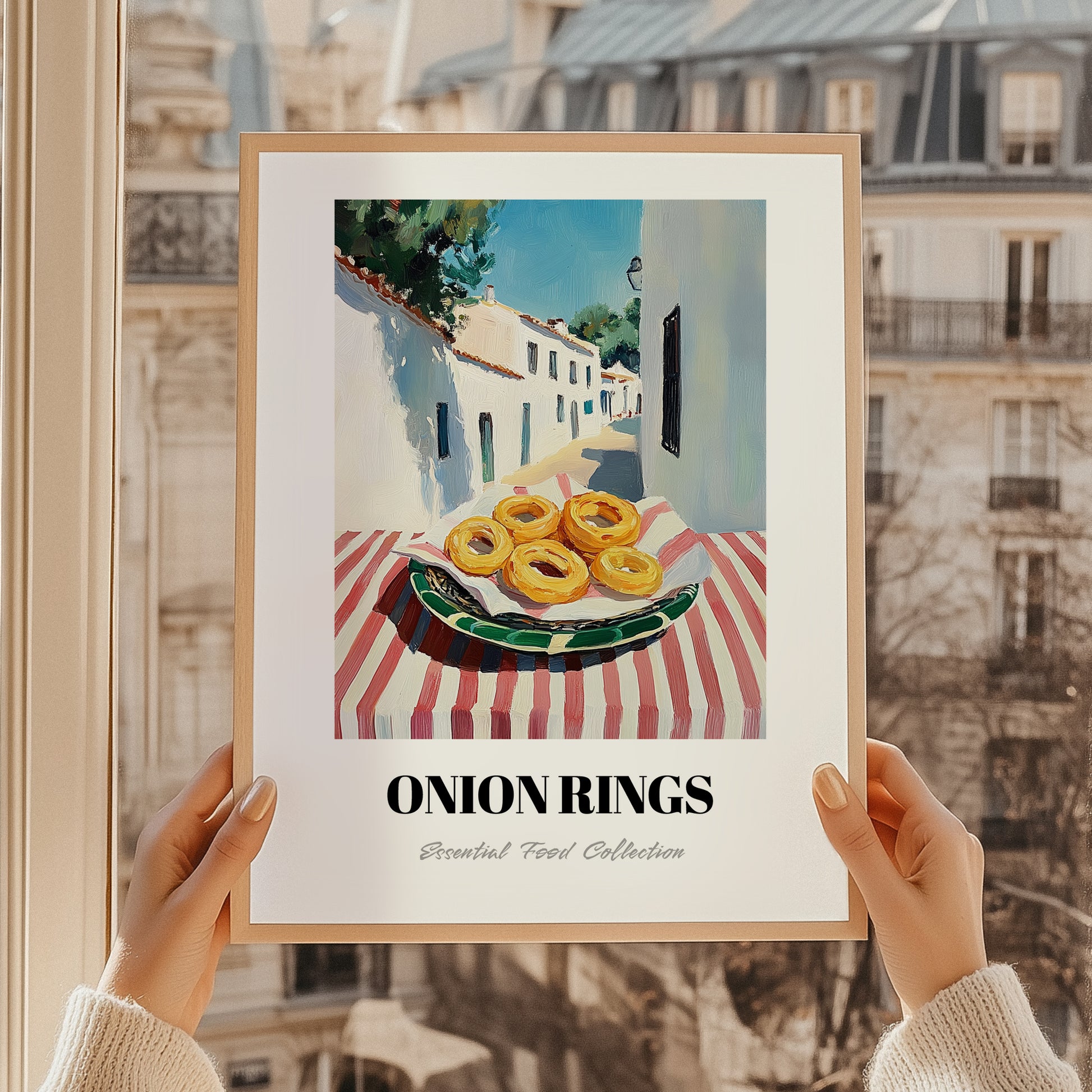 Onion Rings – White village Café on the Corner, American Food Wall Decor, styled in a charming Paris street view