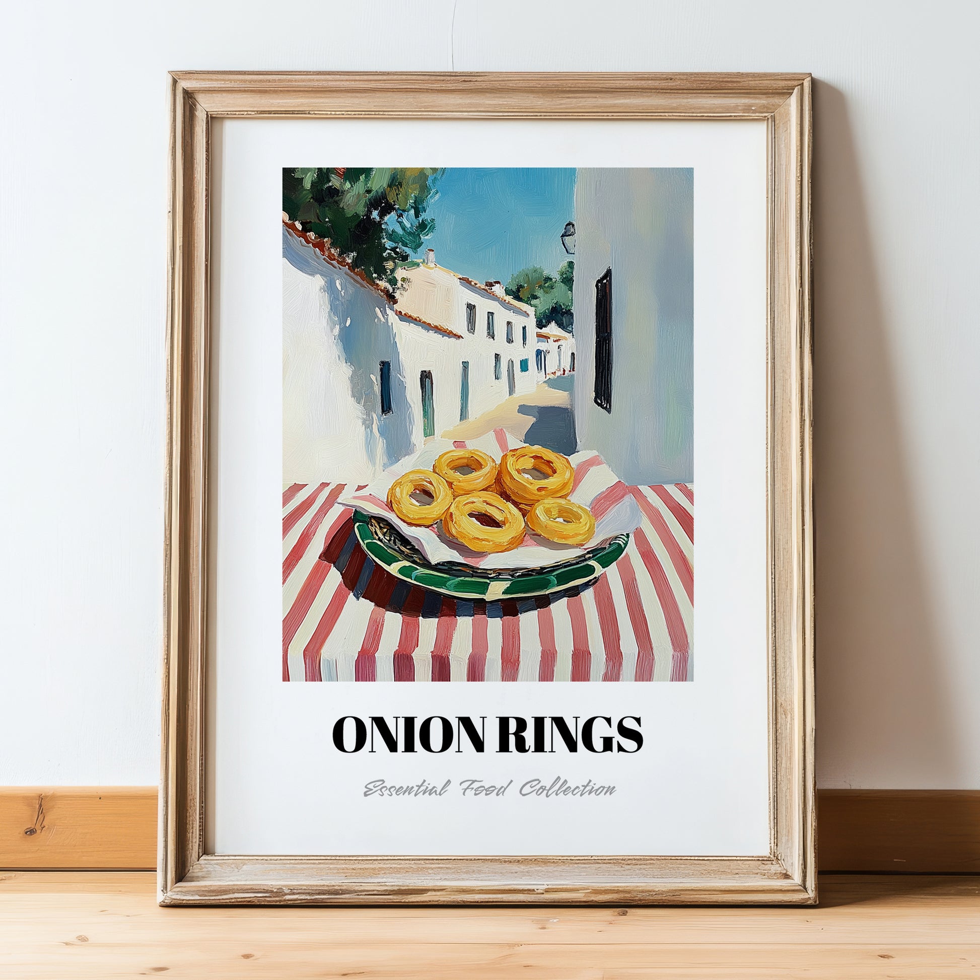 Onion Rings – White village Café on the Corner, American Food Wall Decor, in wooden frame leaning on the floor