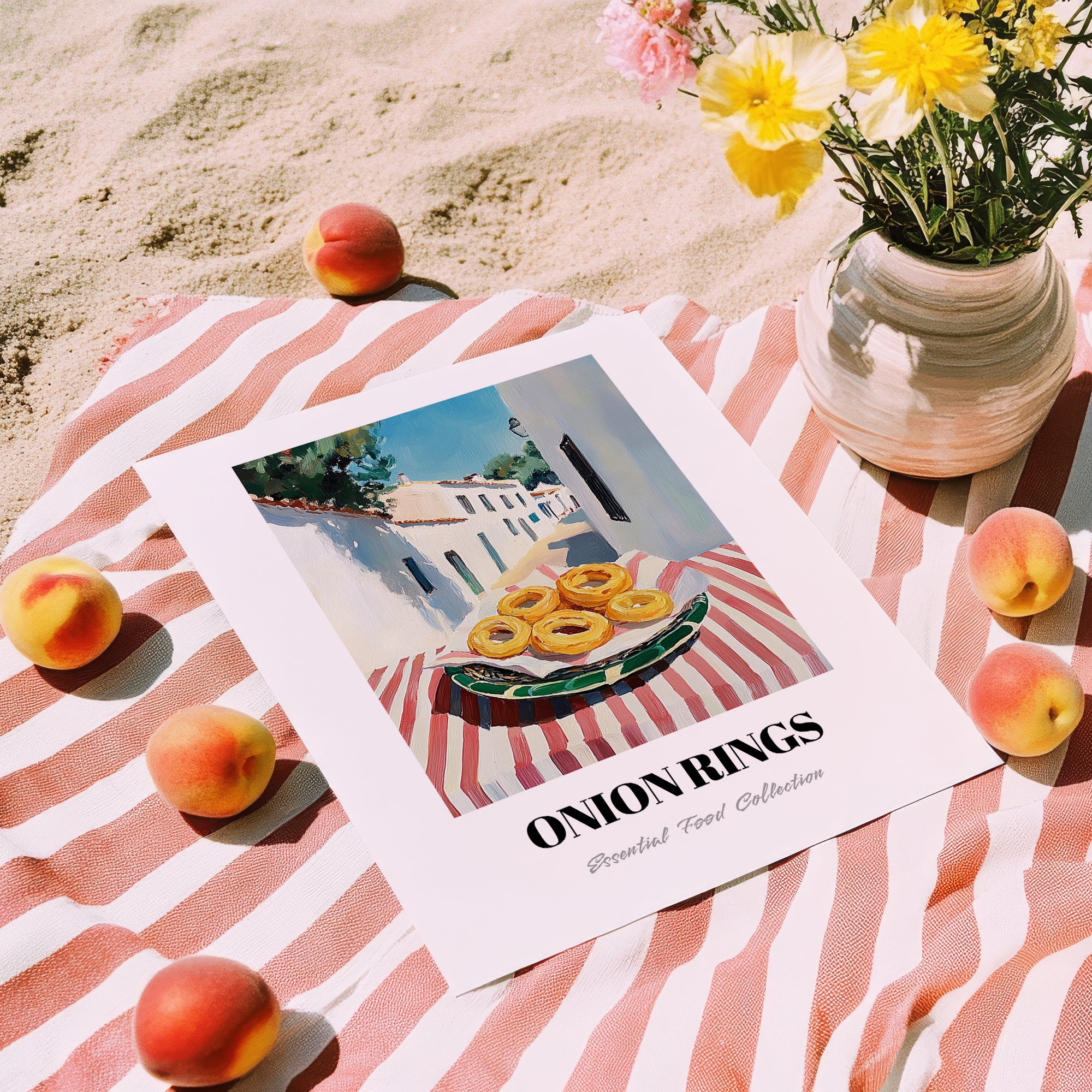 Onion Rings – White village Café on the Corner, American Food Wall Decor, unframed on coastal sand