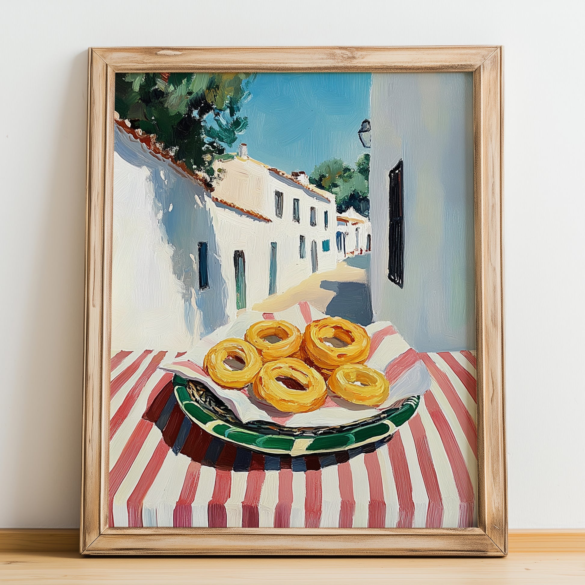 Onion Rings – White village Café on the Corner, American Food Wall Decor, no-text version framed in wood