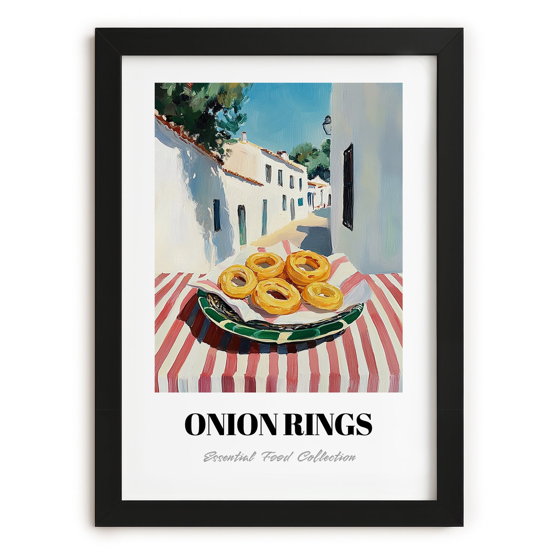 Onion Rings – White village Café on the Corner, American Food Wall Decor, in sleek black frame