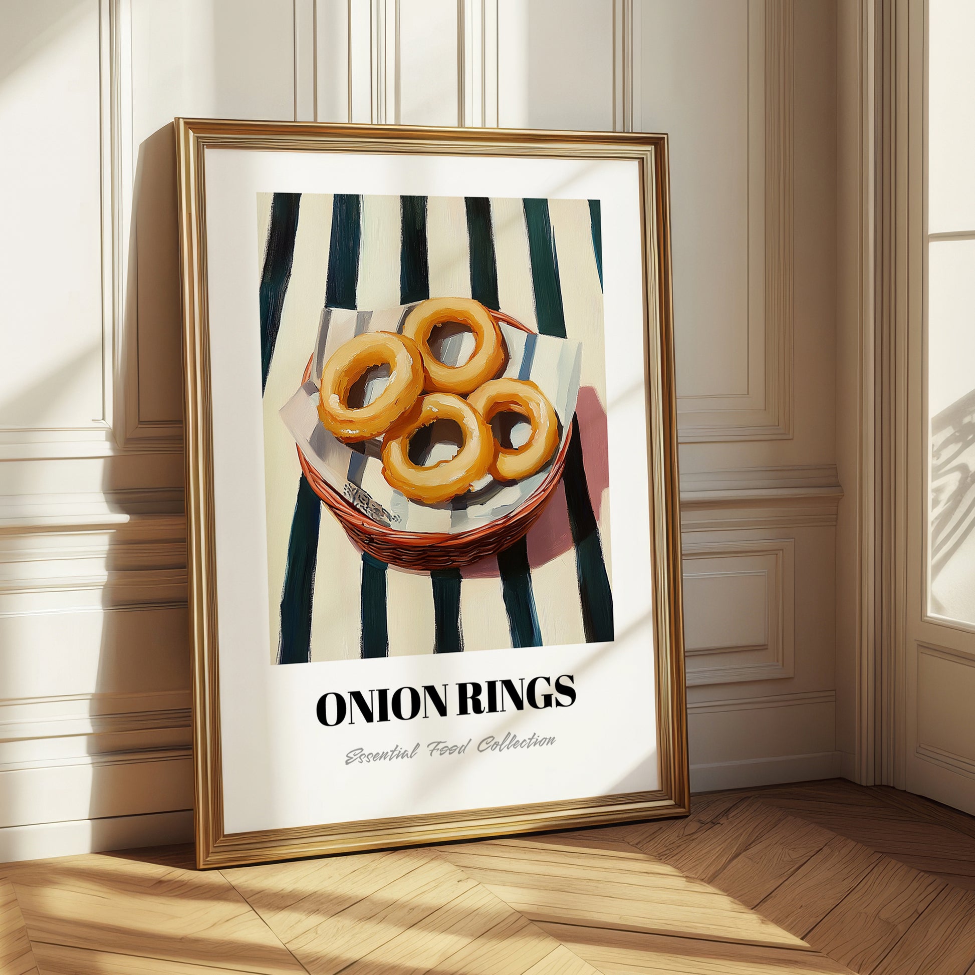 Onion Rings – on Striped Tablecloth, American Food Wall Art