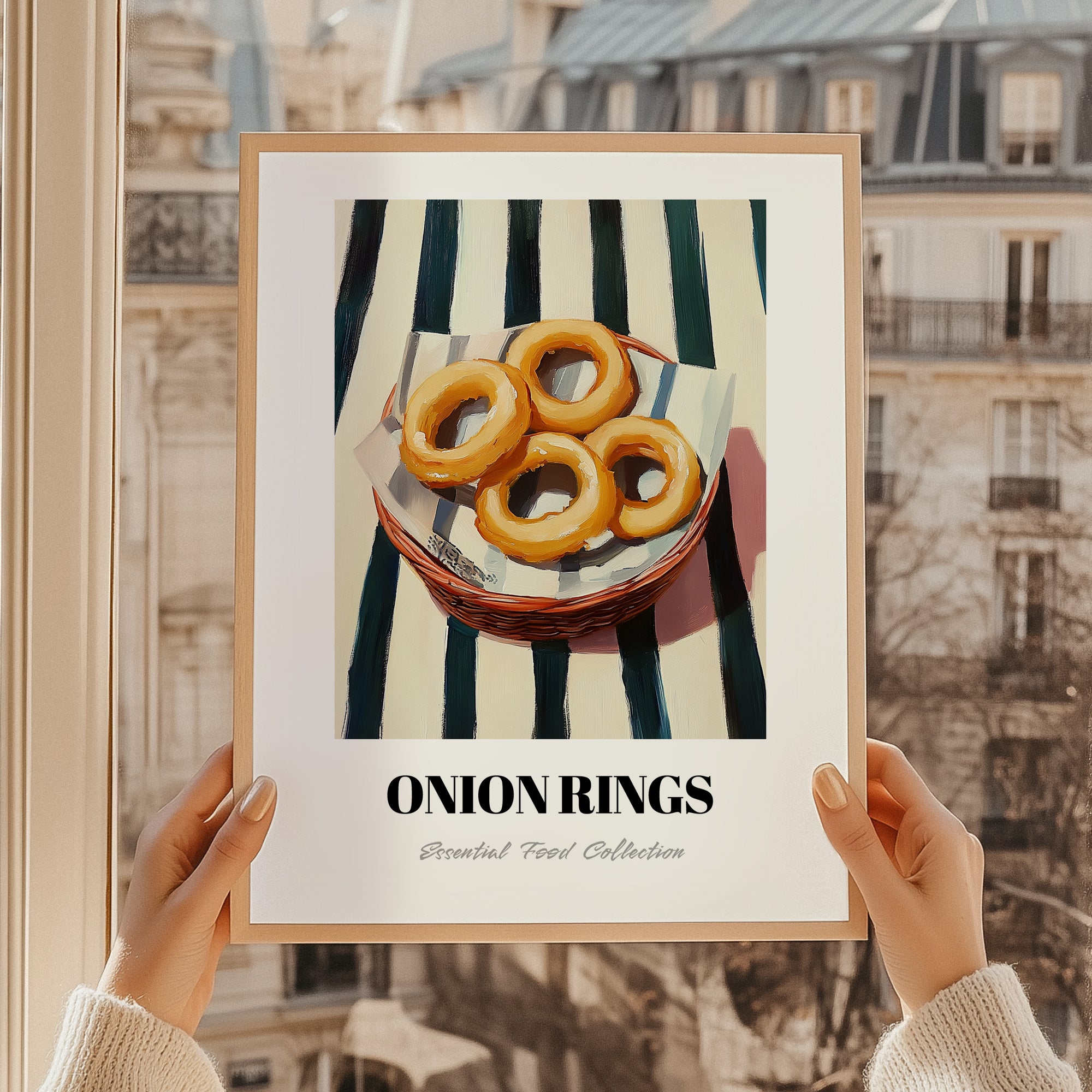 Onion Rings – on Striped Tablecloth, American Food Wall Art, styled in a charming Paris street view
