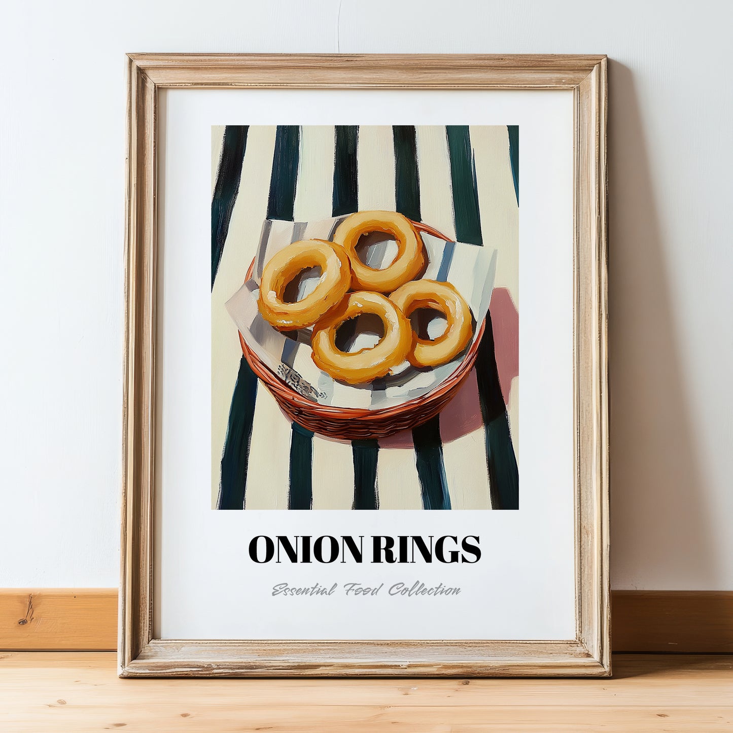 Onion Rings – on Striped Tablecloth, American Food Wall Art, in wooden frame leaning on the floor