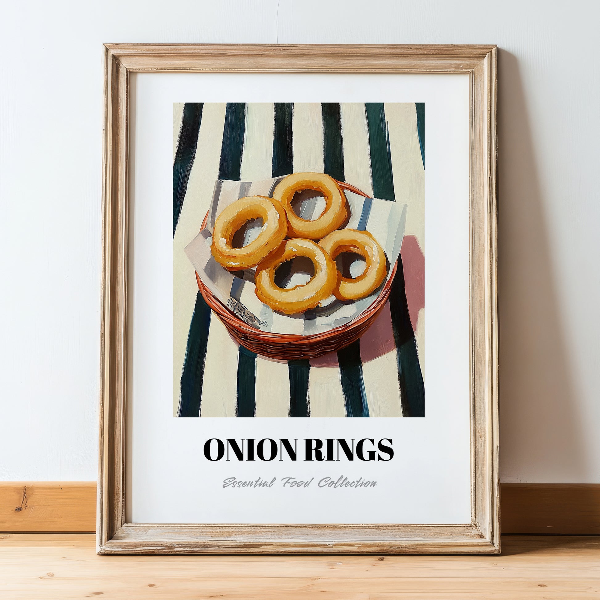 Onion Rings – on Striped Tablecloth, American Food Wall Art, in wooden frame leaning on the floor