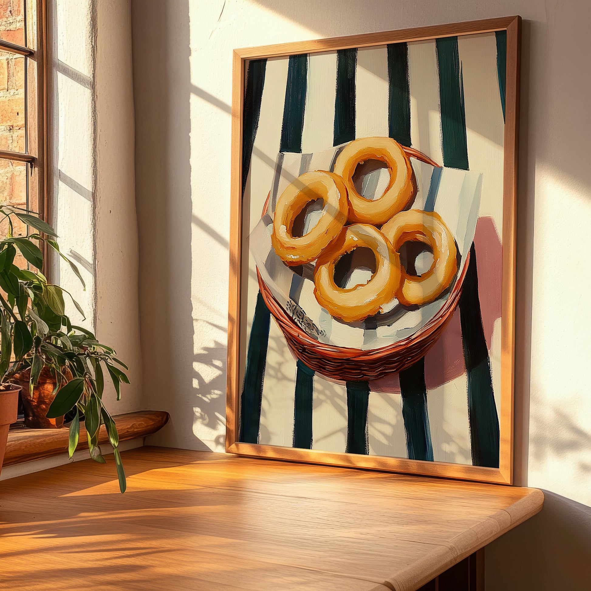 Onion Rings – on Striped Tablecloth, American Food Wall Art, clean layout with no caption