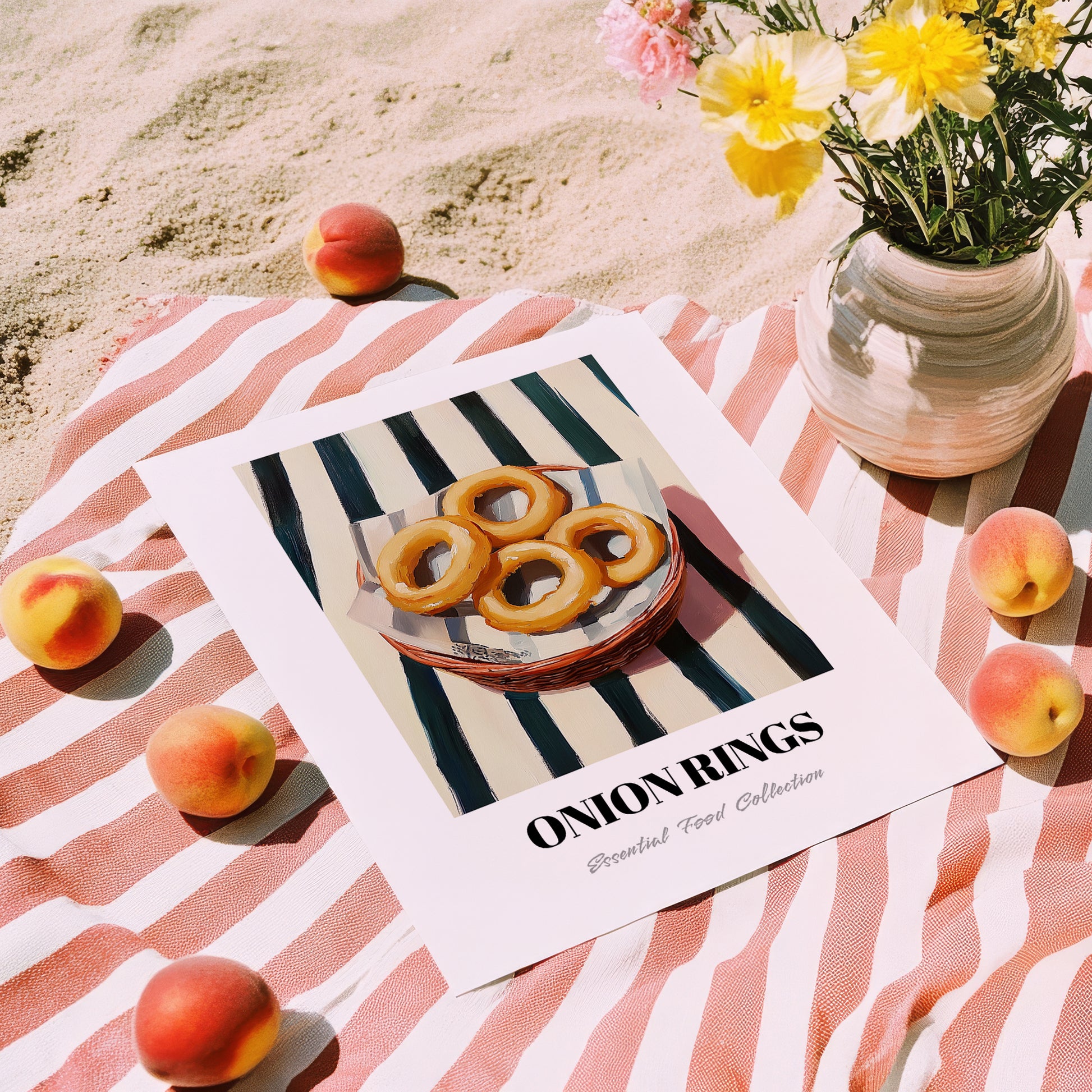 Onion Rings – on Striped Tablecloth, American Food Wall Art, unframed on coastal sand