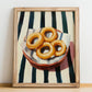 Onion Rings – on Striped Tablecloth, American Food Wall Art, no-text version framed in wood