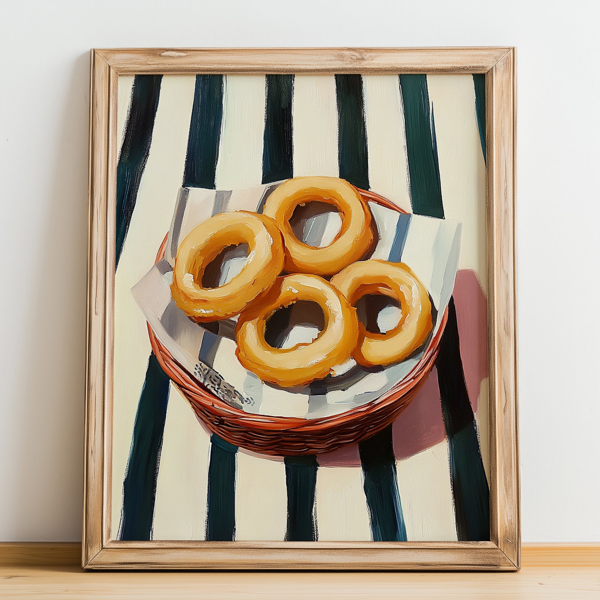 Onion Rings – on Striped Tablecloth, American Food Wall Art, no-text version framed in wood