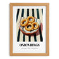Onion Rings – on Striped Tablecloth, American Food Wall Art, set in oak frame
