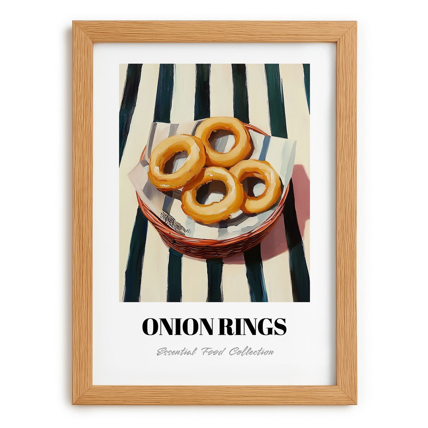 Onion Rings – on Striped Tablecloth, American Food Wall Art, set in oak frame